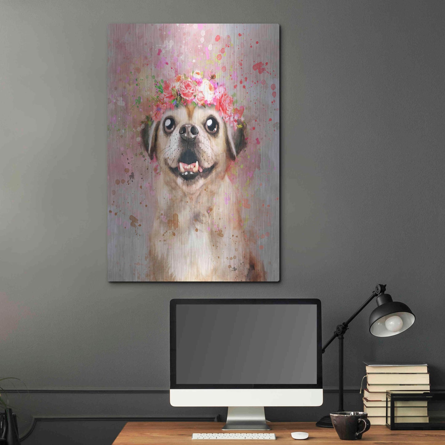 Luxe Metal Art 'Flower Crown Puggle' by Furbaby Affiliates, Metal Wall Art,24x36