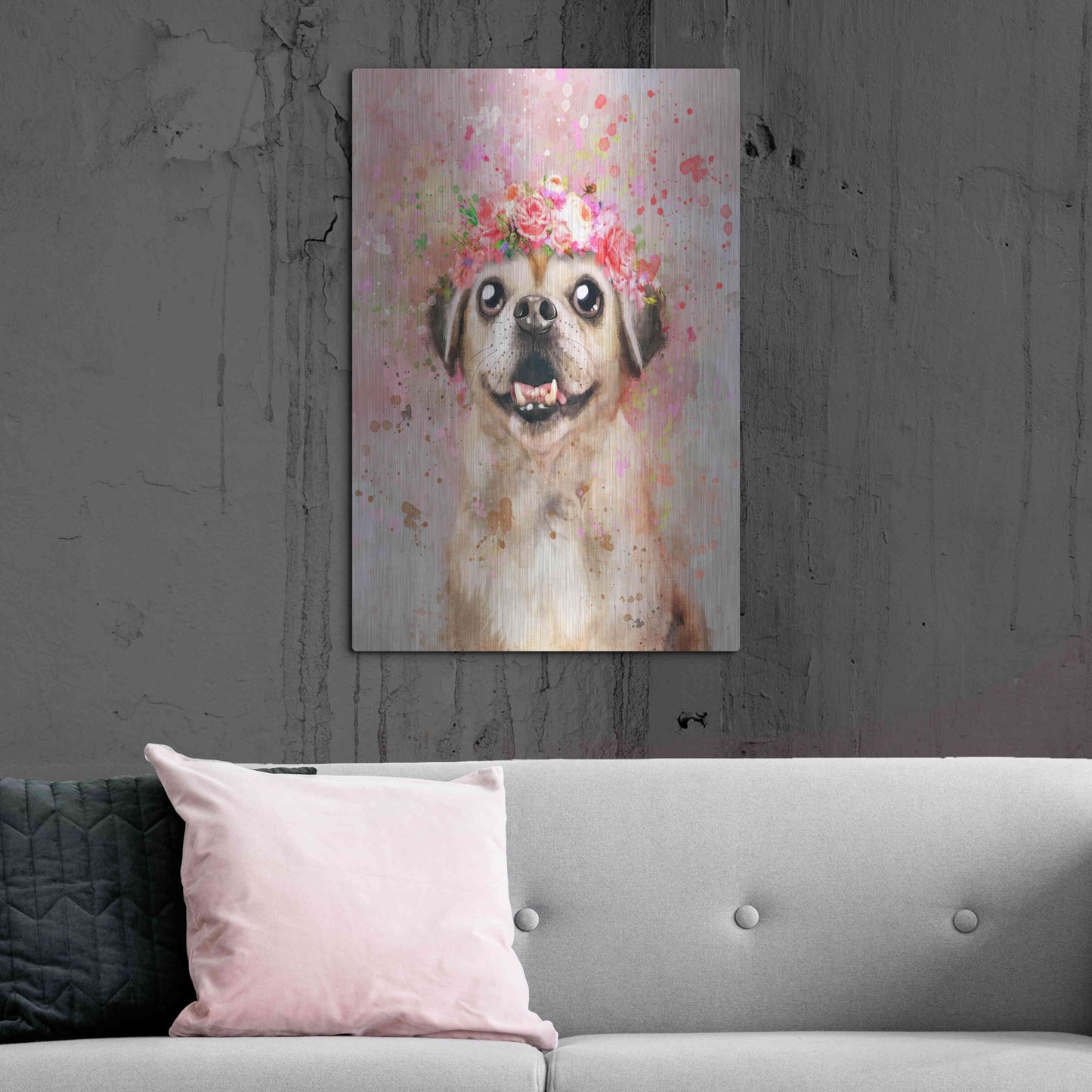 Luxe Metal Art 'Flower Crown Puggle' by Furbaby Affiliates, Metal Wall Art,24x36