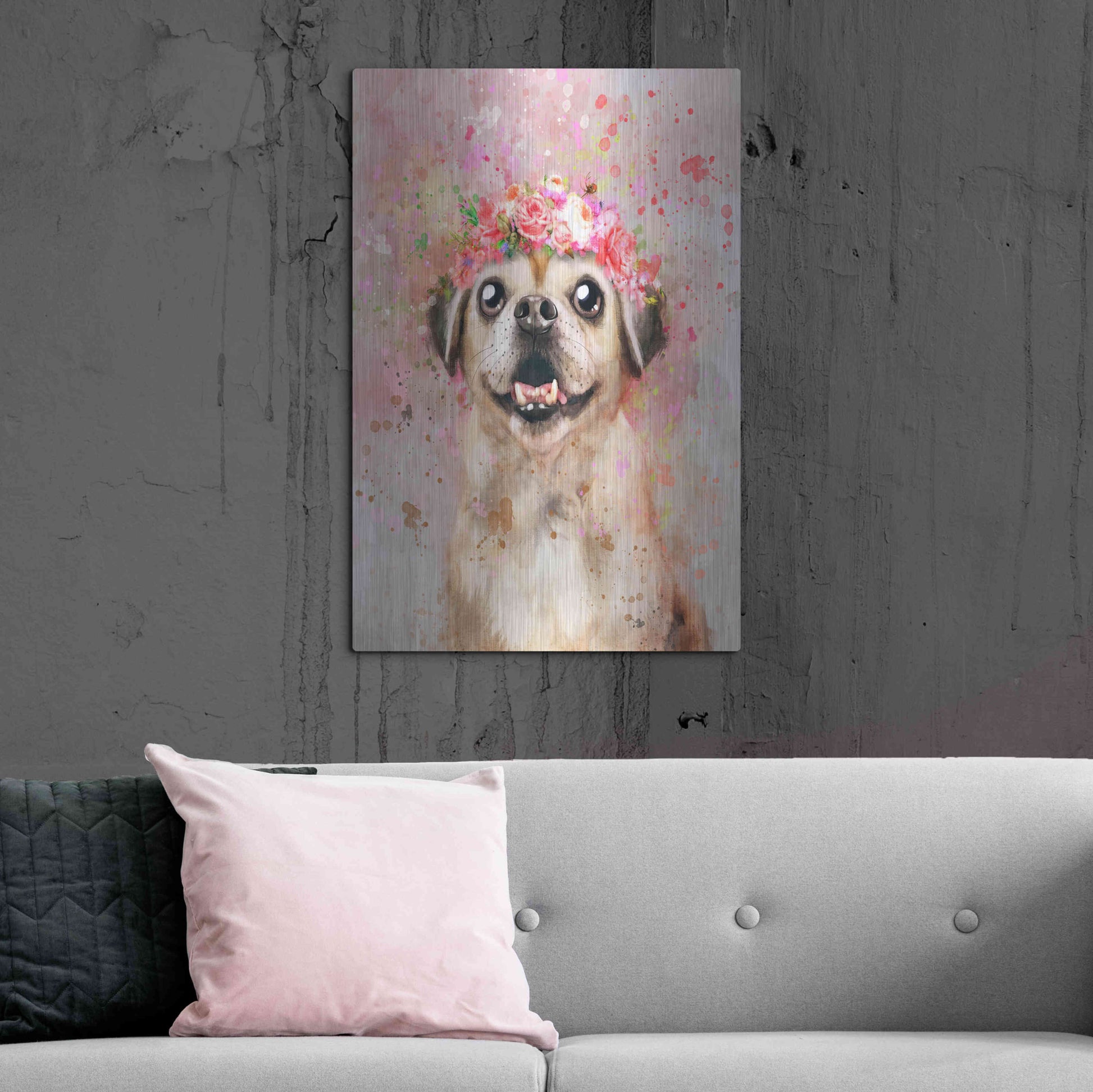 Luxe Metal Art 'Flower Crown Puggle' by Furbaby Affiliates, Metal Wall Art,24x36