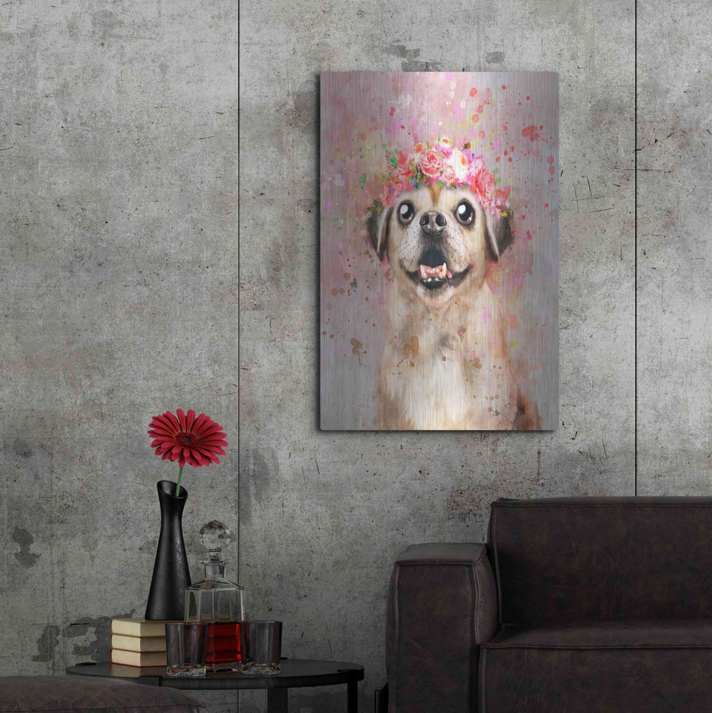 Luxe Metal Art 'Flower Crown Puggle' by Furbaby Affiliates, Metal Wall Art,24x36