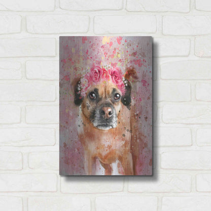 Luxe Metal Art 'Flower Crown Puggle 2' by Furbaby Affiliates, Metal Wall Art,12x16