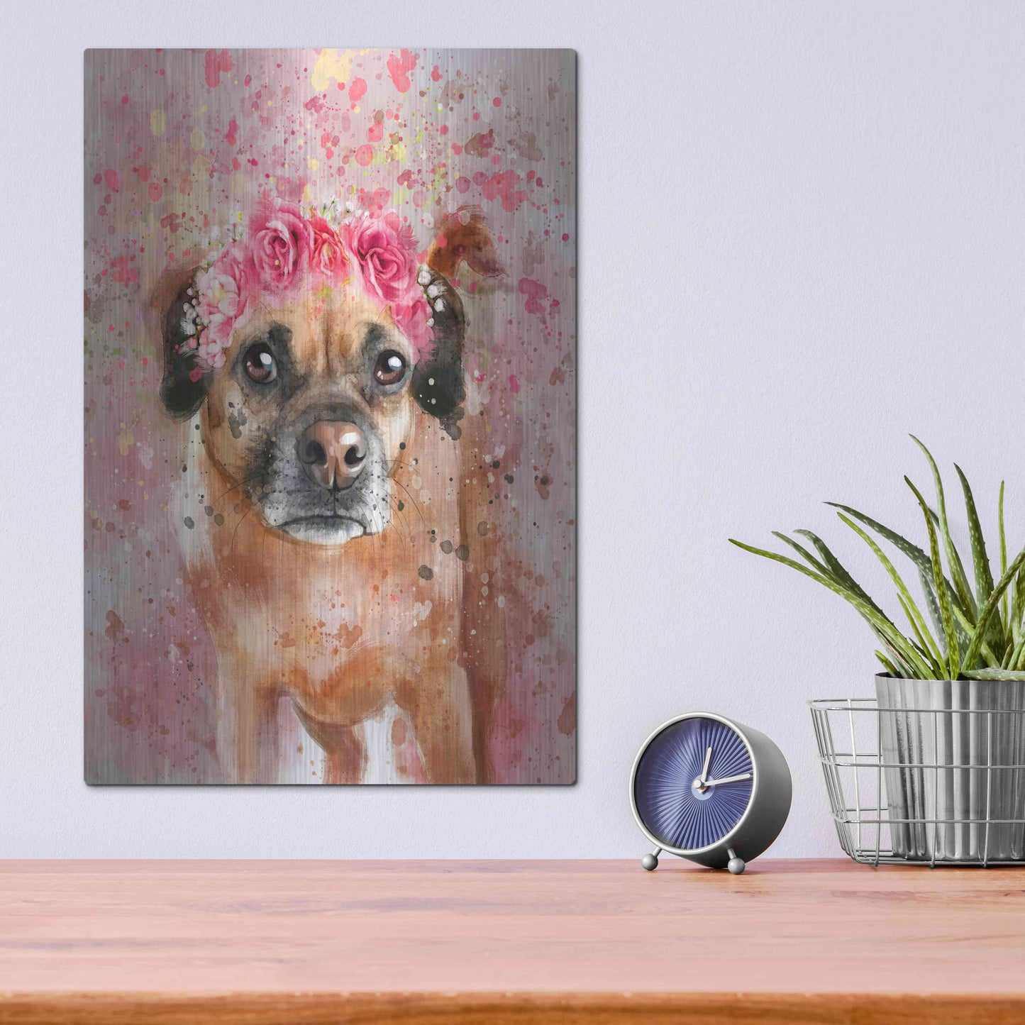 Luxe Metal Art 'Flower Crown Puggle 2' by Furbaby Affiliates, Metal Wall Art,12x16