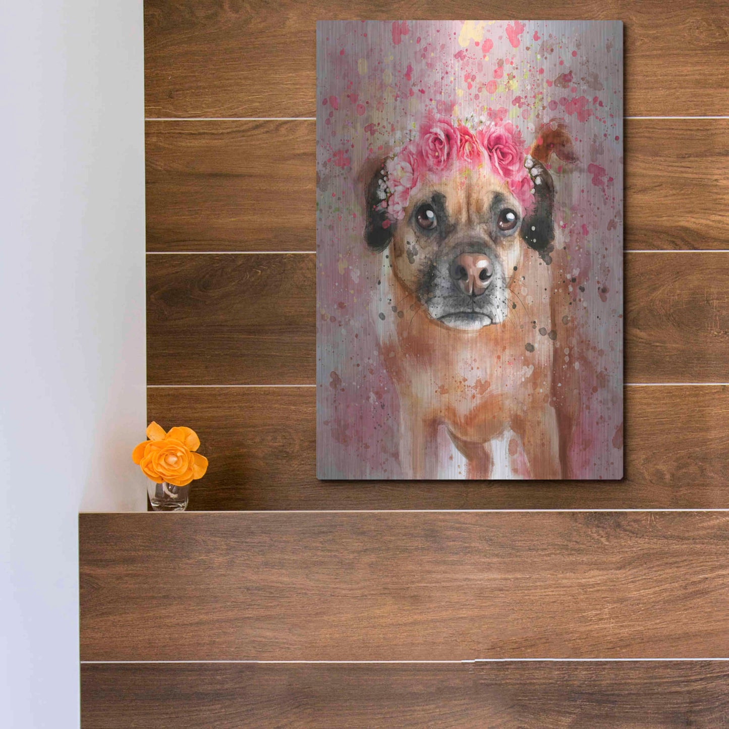 Luxe Metal Art 'Flower Crown Puggle 2' by Furbaby Affiliates, Metal Wall Art,12x16