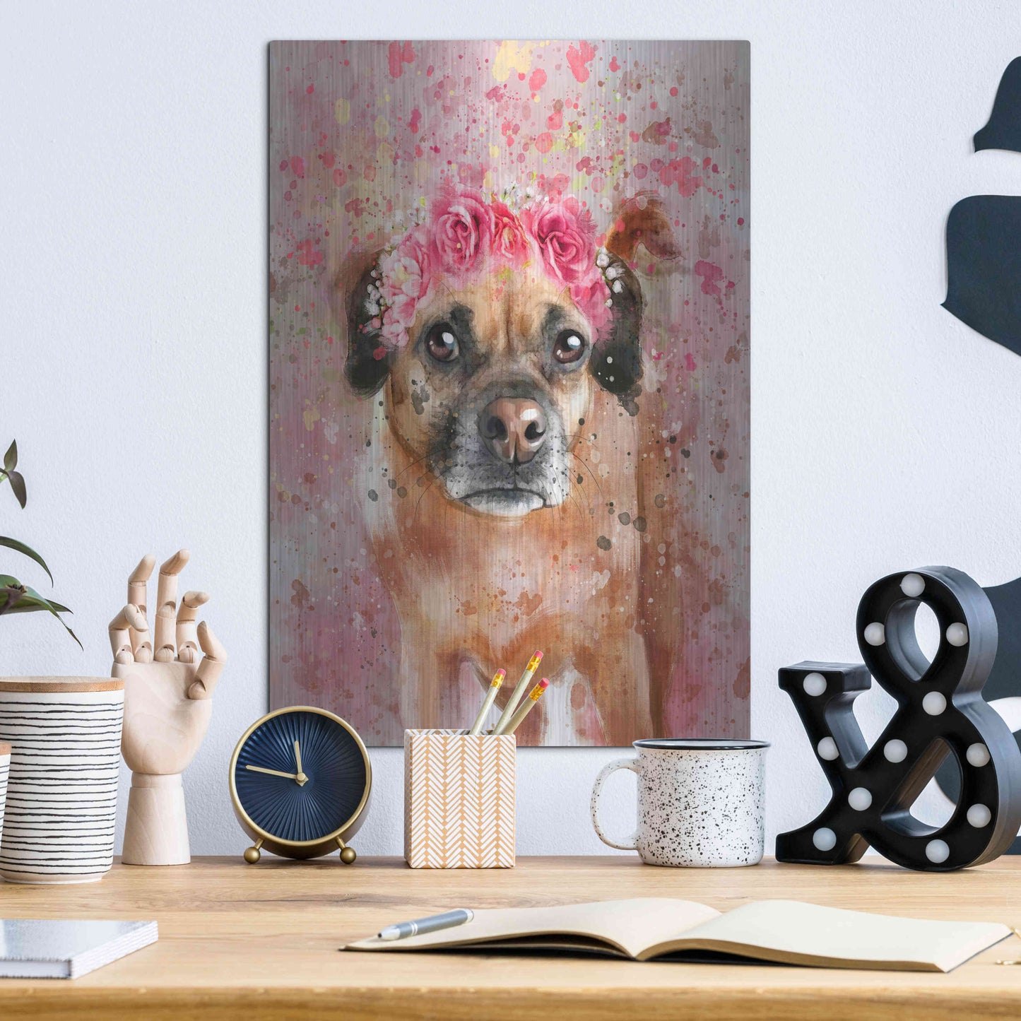 Luxe Metal Art 'Flower Crown Puggle 2' by Furbaby Affiliates, Metal Wall Art,12x16