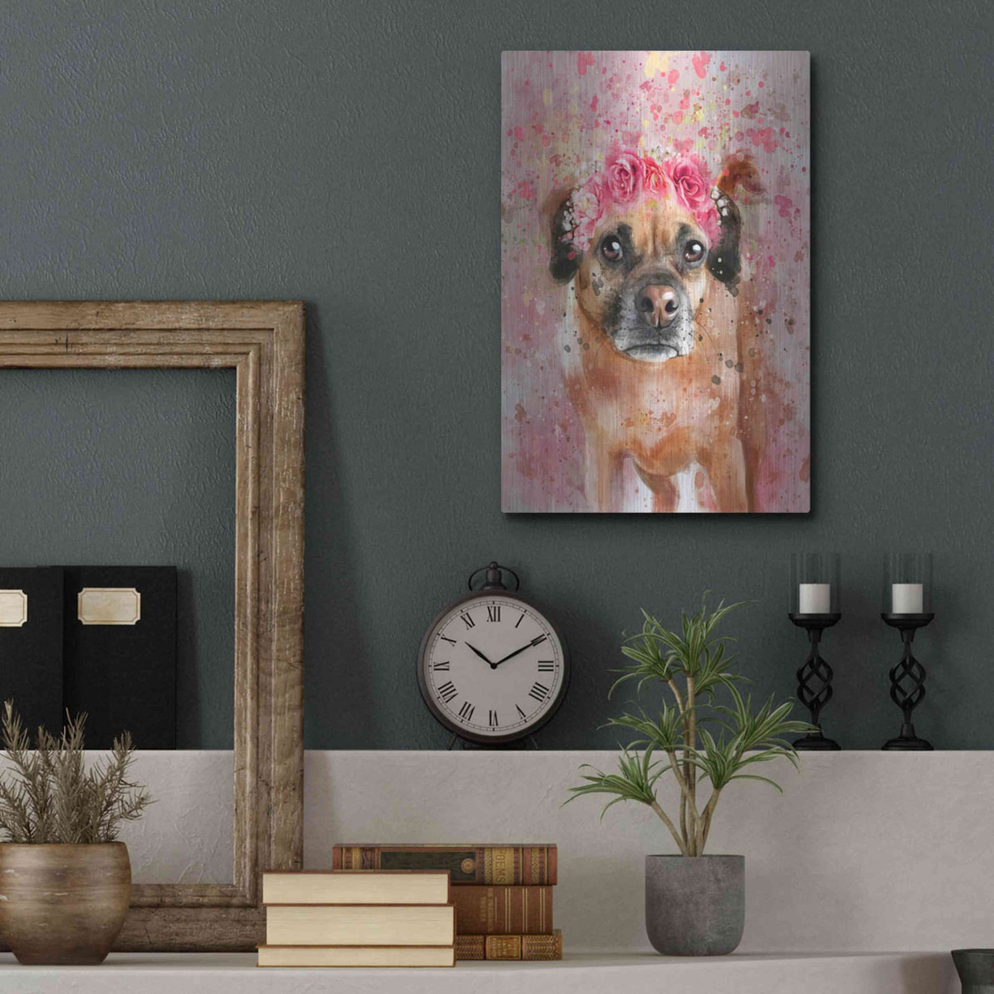 Luxe Metal Art 'Flower Crown Puggle 2' by Furbaby Affiliates, Metal Wall Art,12x16