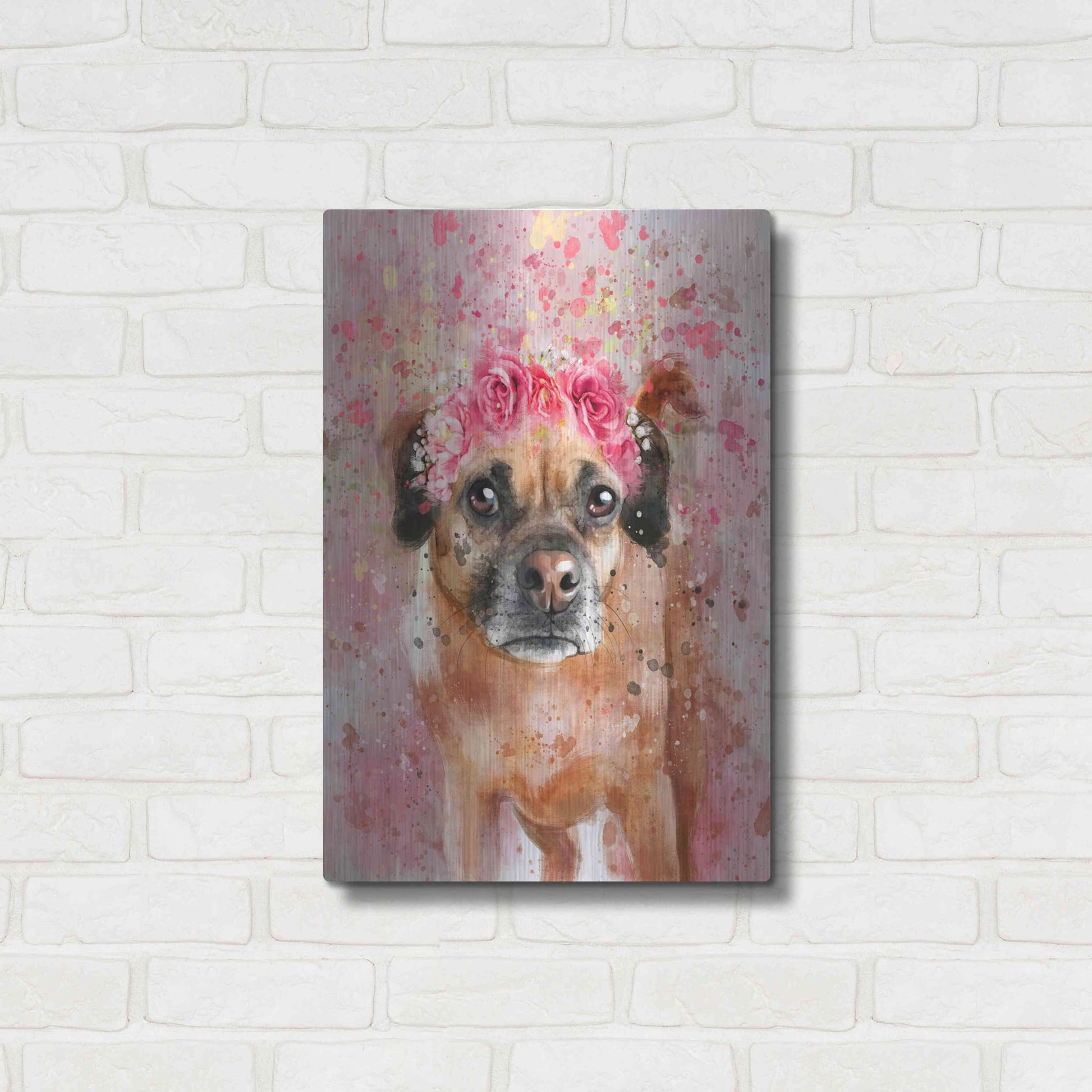 Luxe Metal Art 'Flower Crown Puggle 2' by Furbaby Affiliates, Metal Wall Art,16x24