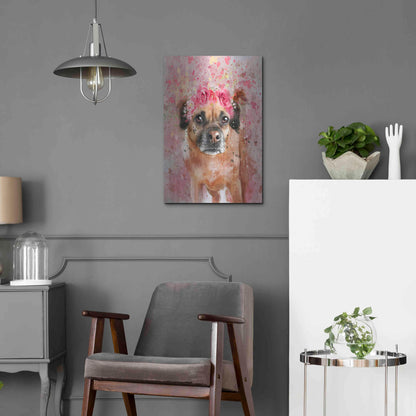 Luxe Metal Art 'Flower Crown Puggle 2' by Furbaby Affiliates, Metal Wall Art,16x24