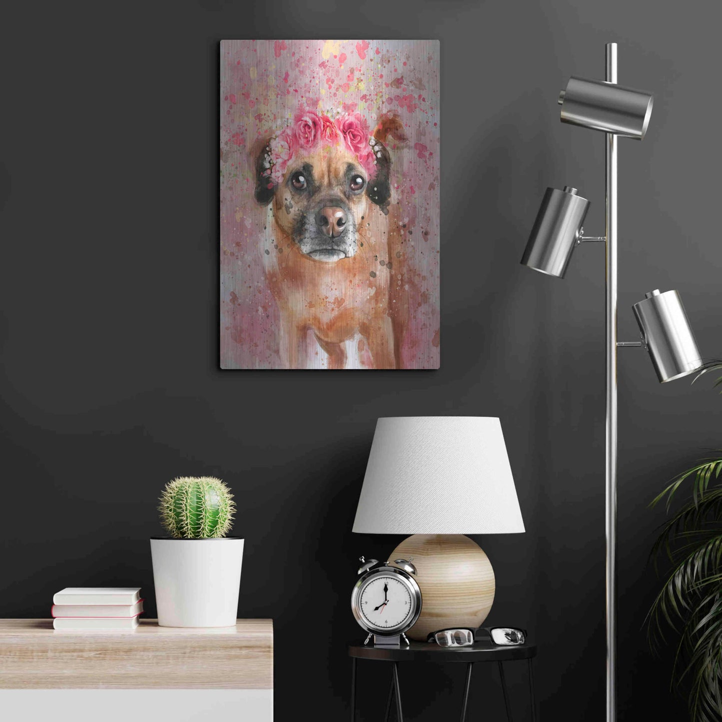 Luxe Metal Art 'Flower Crown Puggle 2' by Furbaby Affiliates, Metal Wall Art,16x24