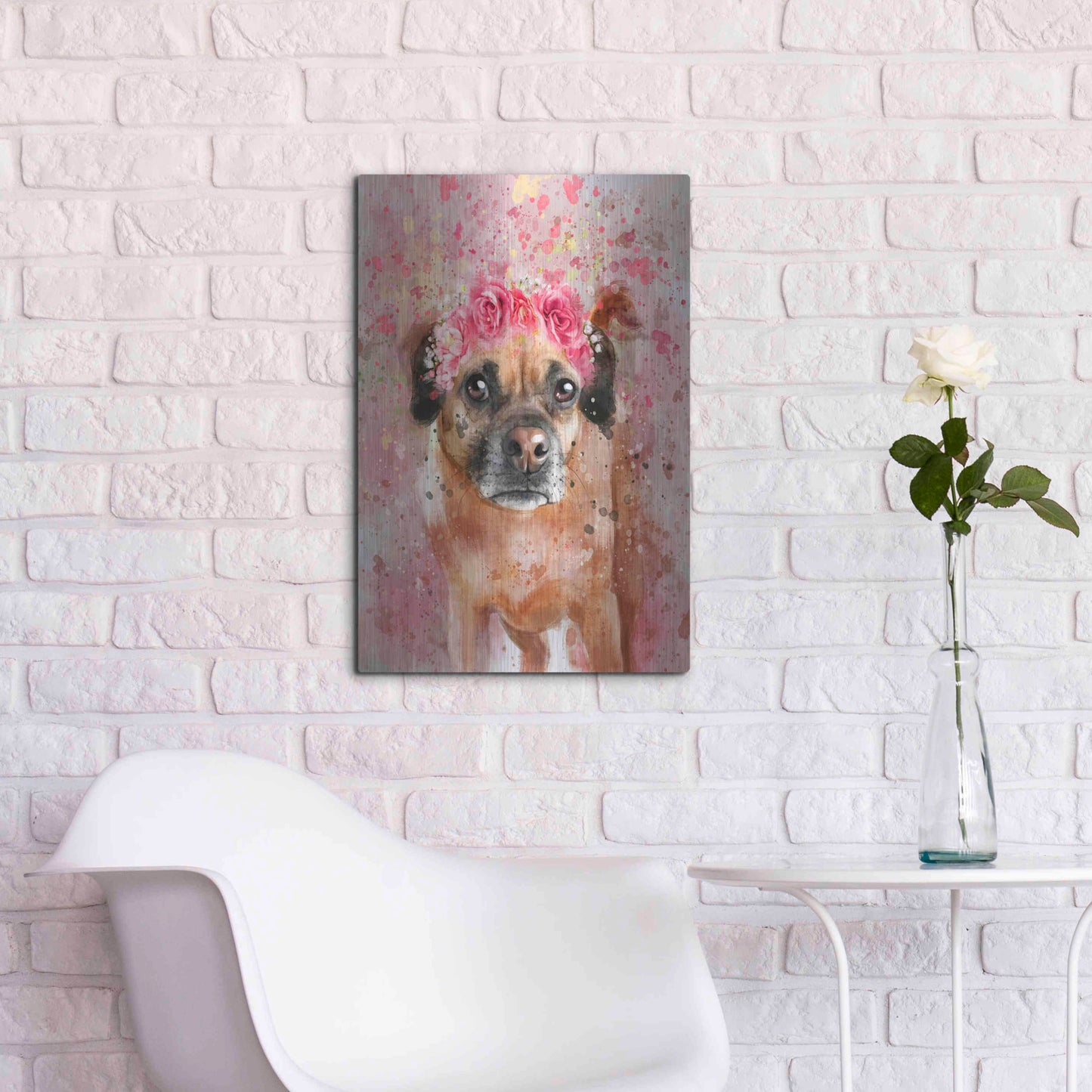 Luxe Metal Art 'Flower Crown Puggle 2' by Furbaby Affiliates, Metal Wall Art,16x24