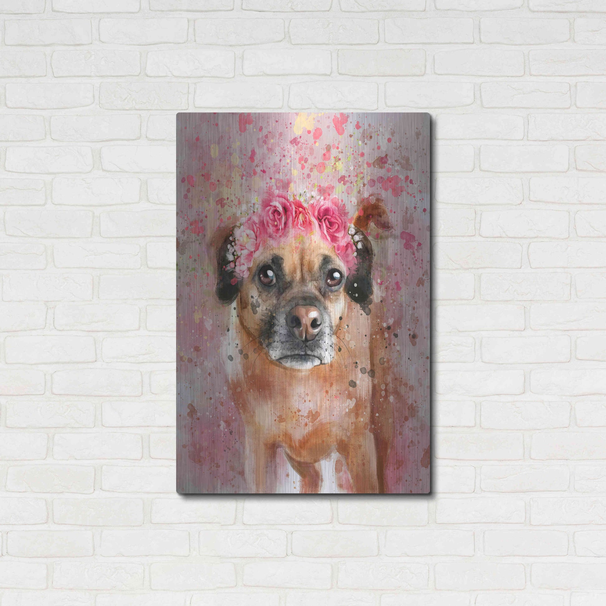 Luxe Metal Art 'Flower Crown Puggle 2' by Furbaby Affiliates, Metal Wall Art,24x36