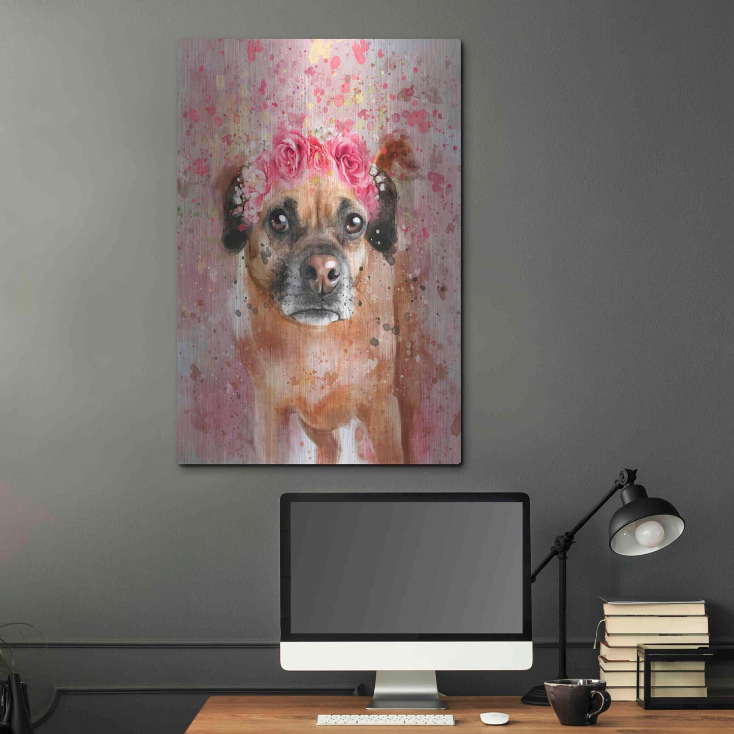 Luxe Metal Art 'Flower Crown Puggle 2' by Furbaby Affiliates, Metal Wall Art,24x36