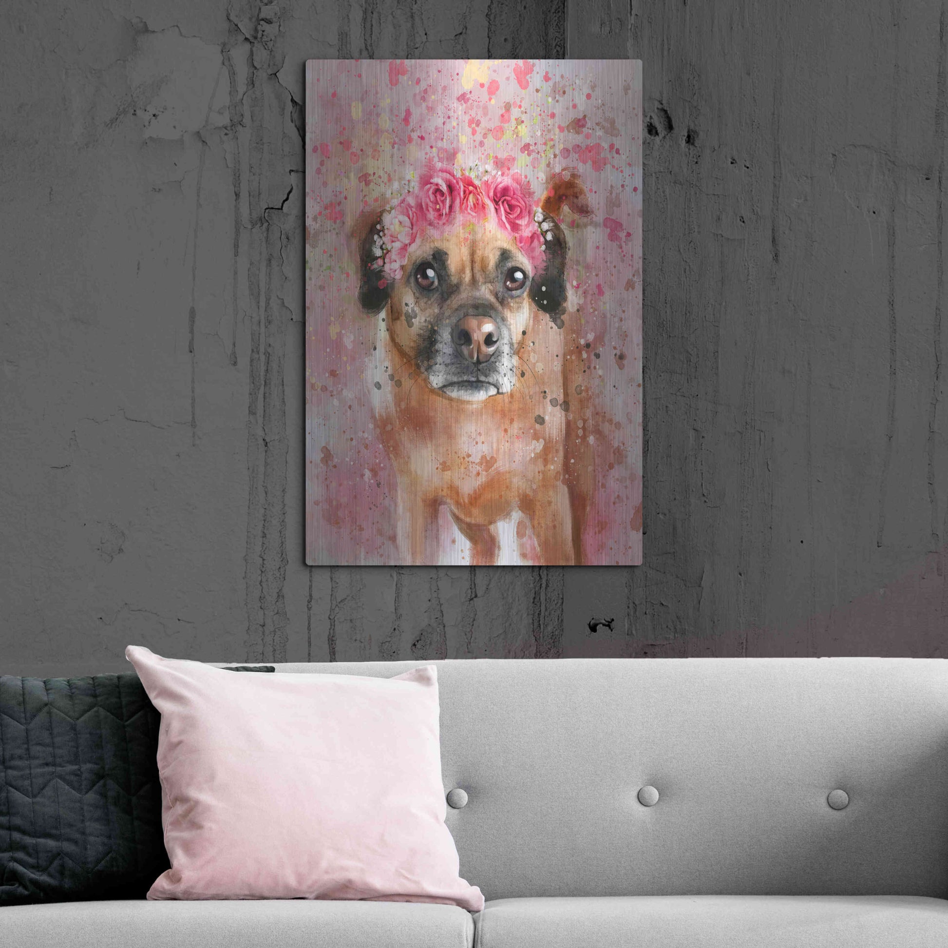 Luxe Metal Art 'Flower Crown Puggle 2' by Furbaby Affiliates, Metal Wall Art,24x36