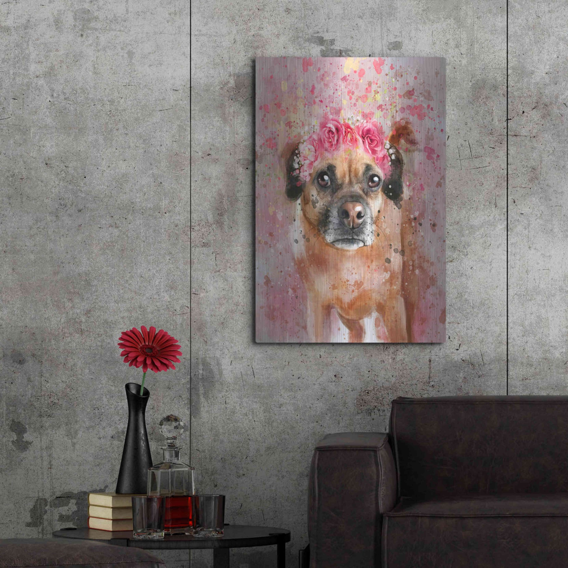 Luxe Metal Art 'Flower Crown Puggle 2' by Furbaby Affiliates, Metal Wall Art,24x36