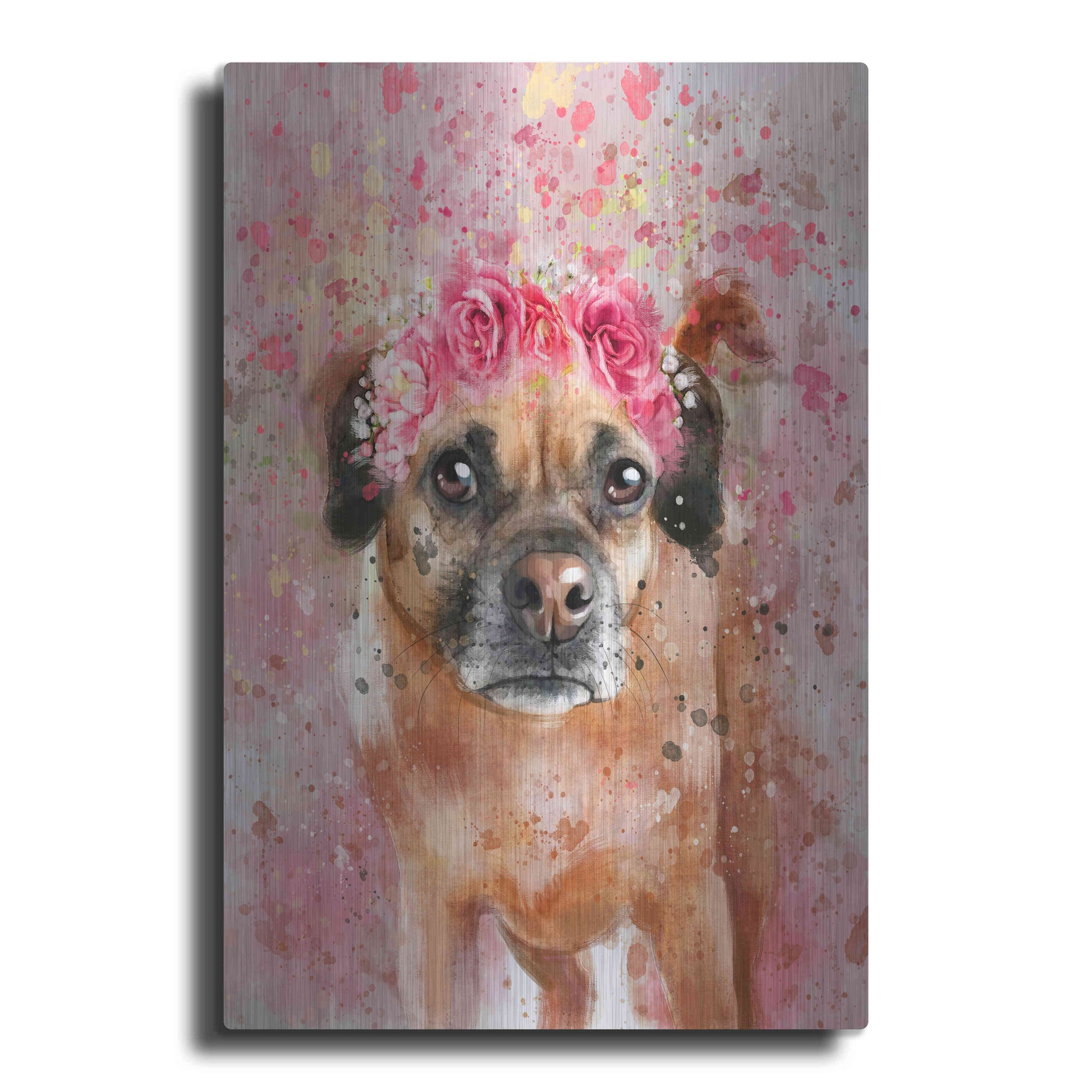 Luxe Metal Art 'Flower Crown Puggle 2' by Furbaby Affiliates, Metal Wall Art