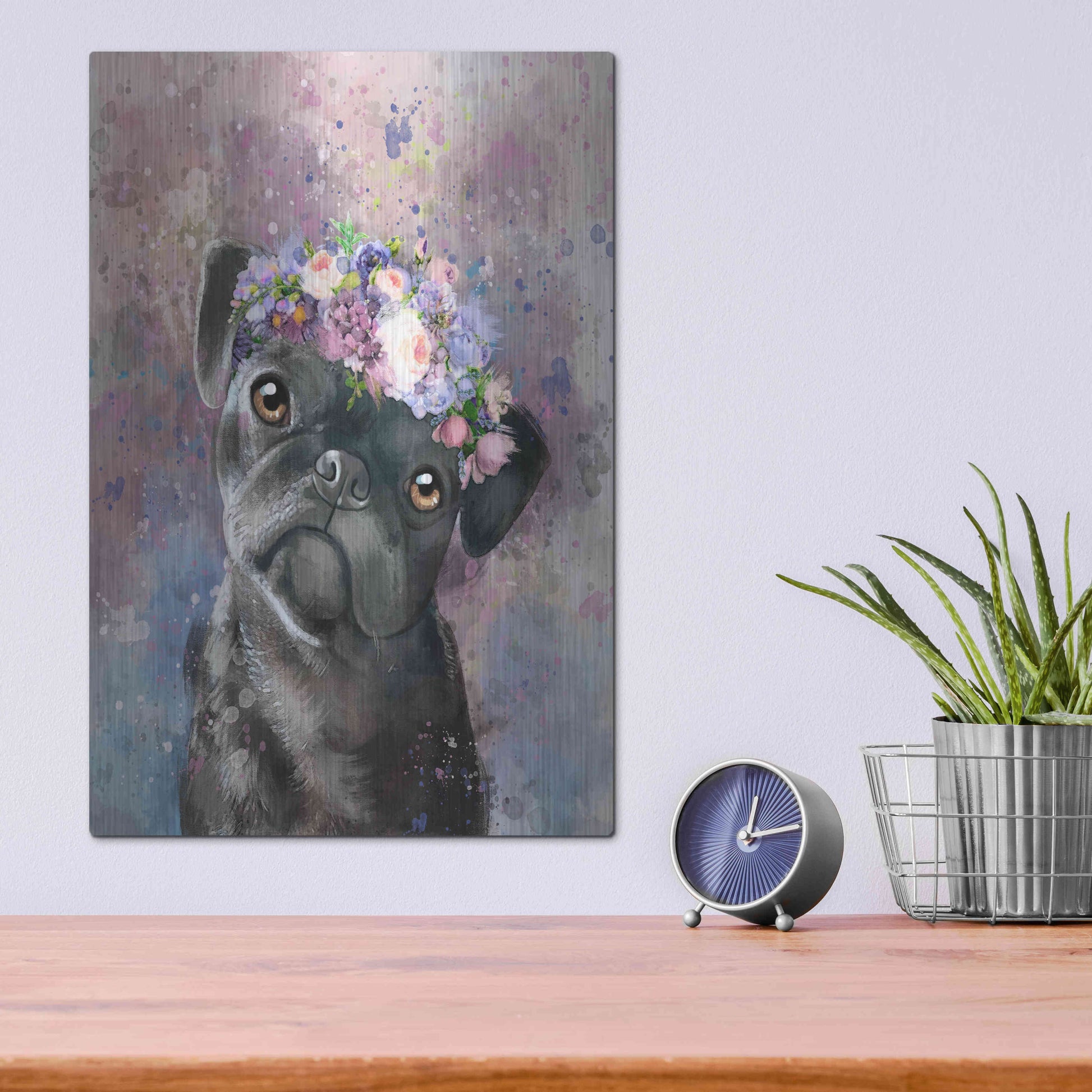 Luxe Metal Art 'Flower Crown Pug' by Furbaby Affiliates, Metal Wall Art,12x16