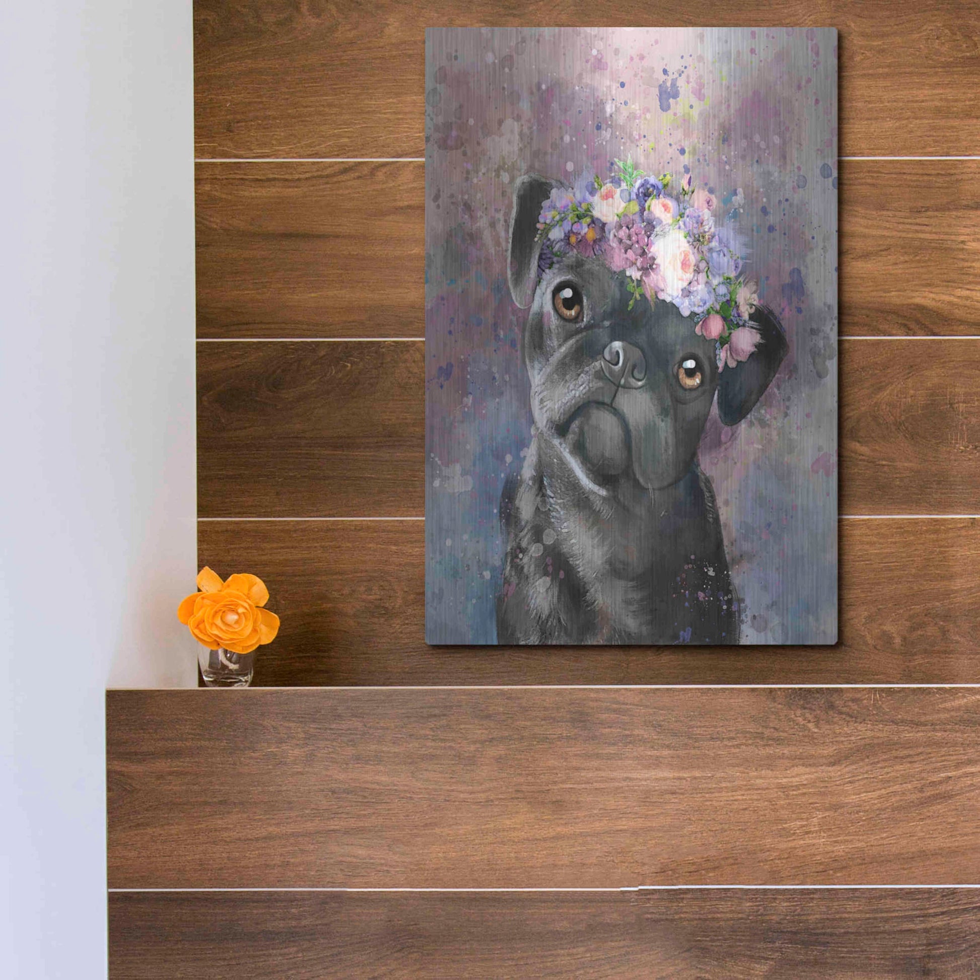 Luxe Metal Art 'Flower Crown Pug' by Furbaby Affiliates, Metal Wall Art,12x16