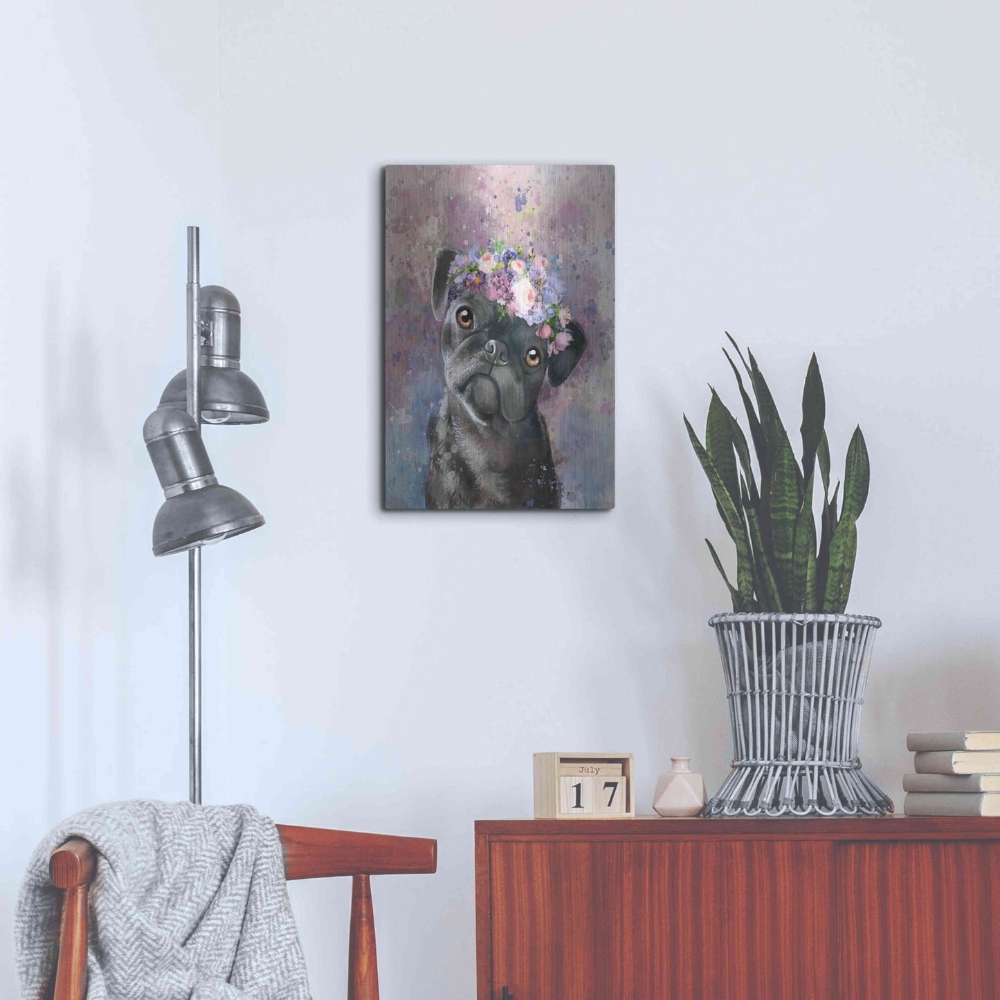 Luxe Metal Art 'Flower Crown Pug' by Furbaby Affiliates, Metal Wall Art,16x24