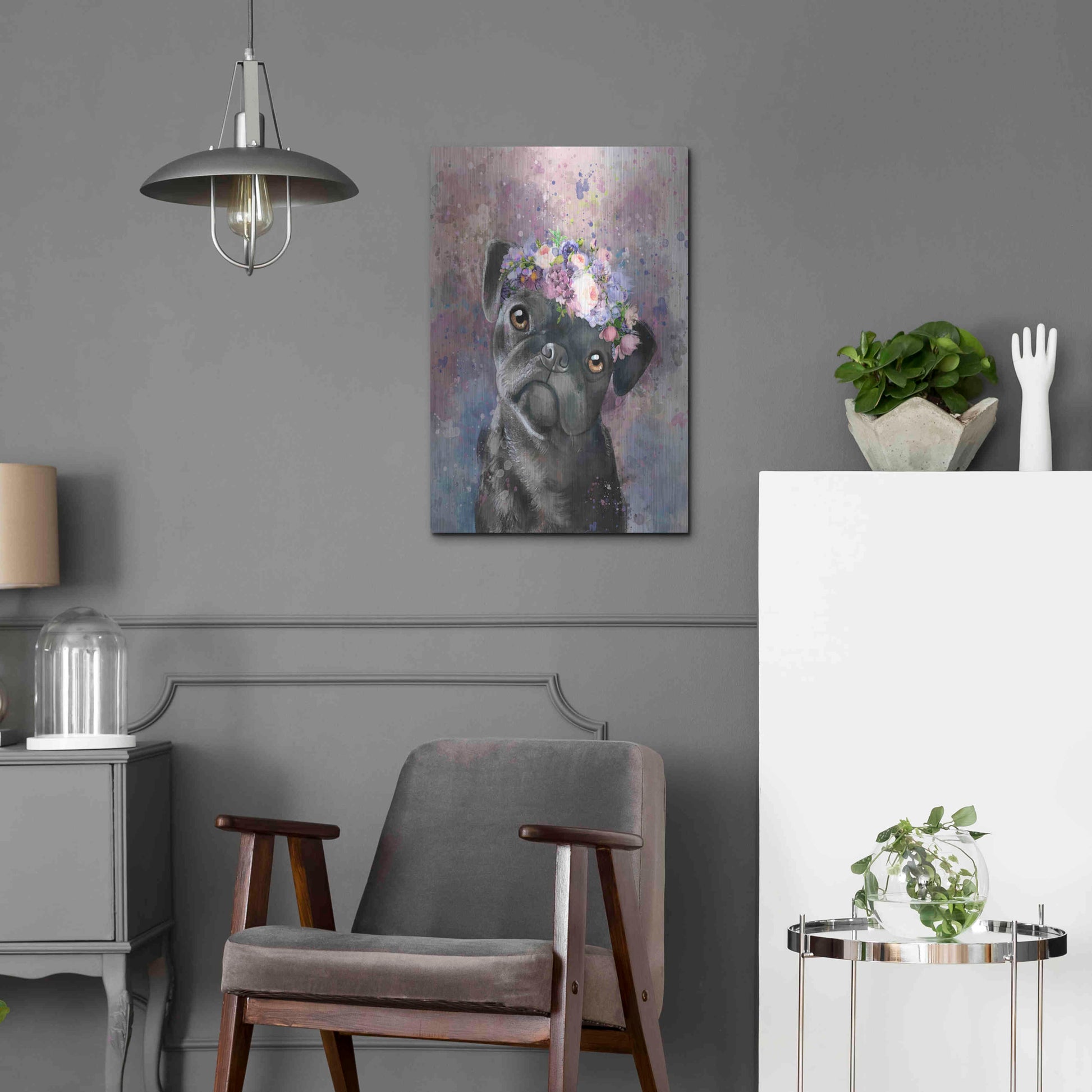 Luxe Metal Art 'Flower Crown Pug' by Furbaby Affiliates, Metal Wall Art,16x24