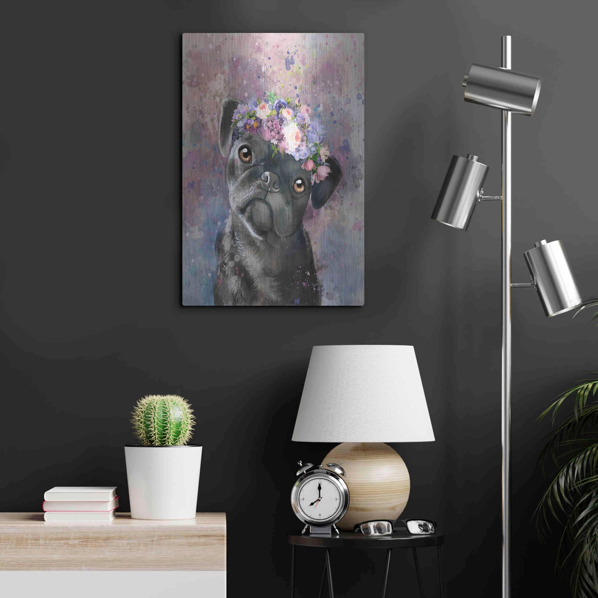 Luxe Metal Art 'Flower Crown Pug' by Furbaby Affiliates, Metal Wall Art,16x24