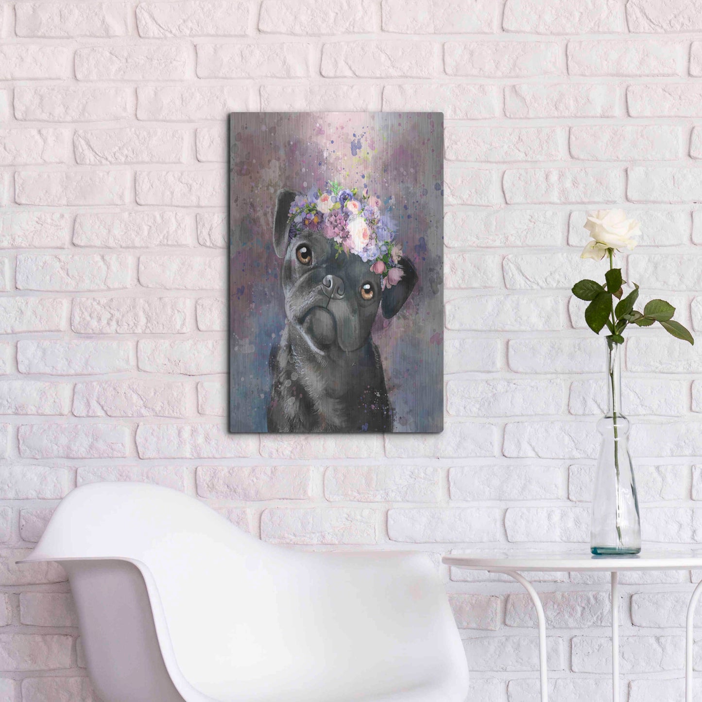 Luxe Metal Art 'Flower Crown Pug' by Furbaby Affiliates, Metal Wall Art,16x24