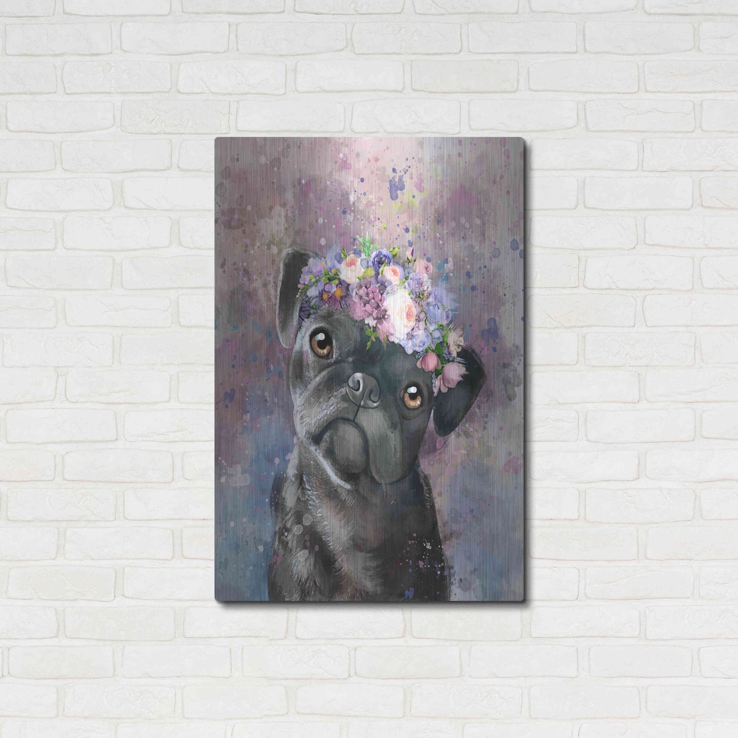 Luxe Metal Art 'Flower Crown Pug' by Furbaby Affiliates, Metal Wall Art,24x36