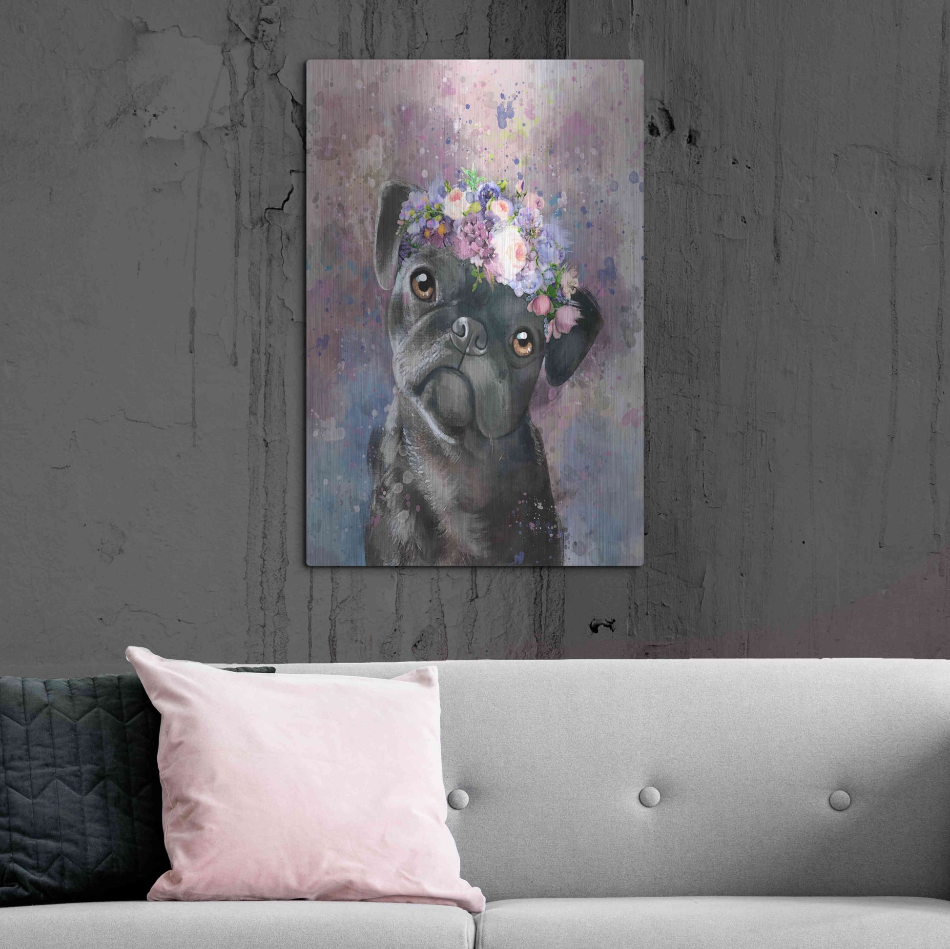 Luxe Metal Art 'Flower Crown Pug' by Furbaby Affiliates, Metal Wall Art,24x36