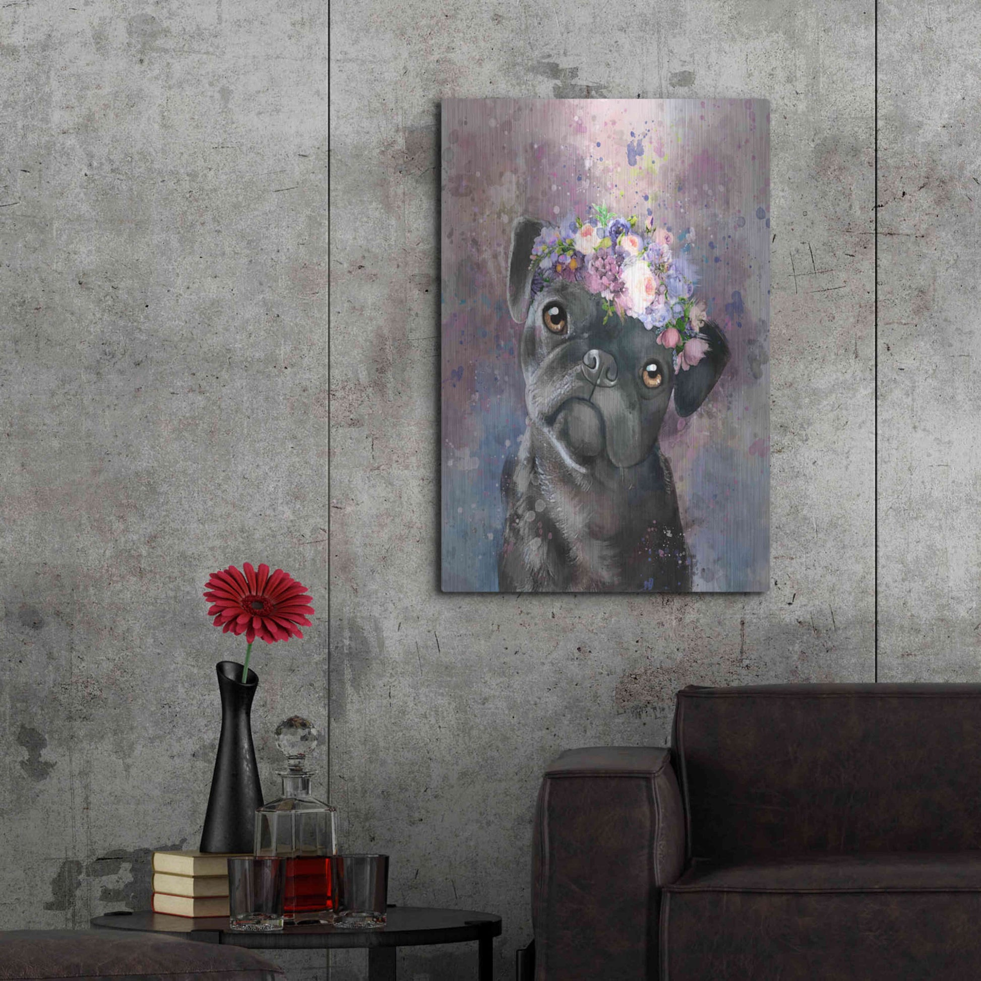 Luxe Metal Art 'Flower Crown Pug' by Furbaby Affiliates, Metal Wall Art,24x36