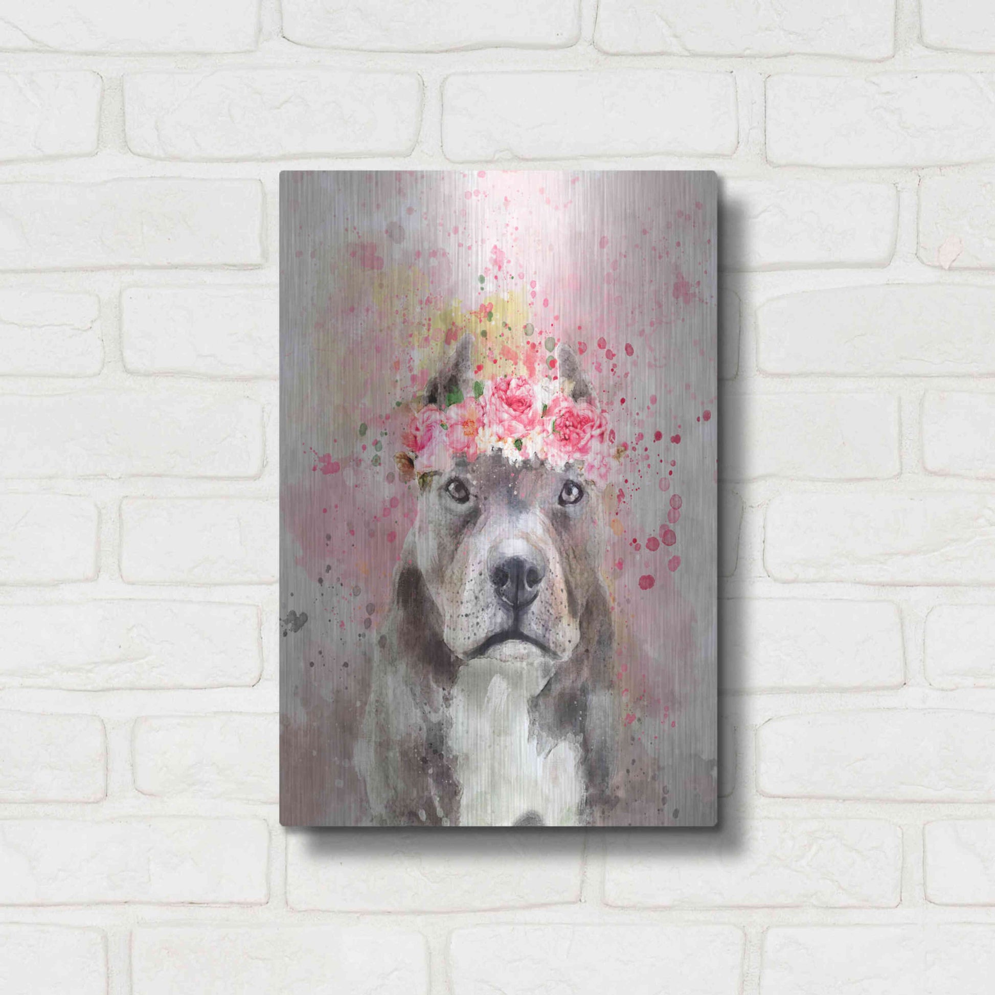 Luxe Metal Art 'Flower Crown Pit Bull' by Furbaby Affiliates, Metal Wall Art,12x16