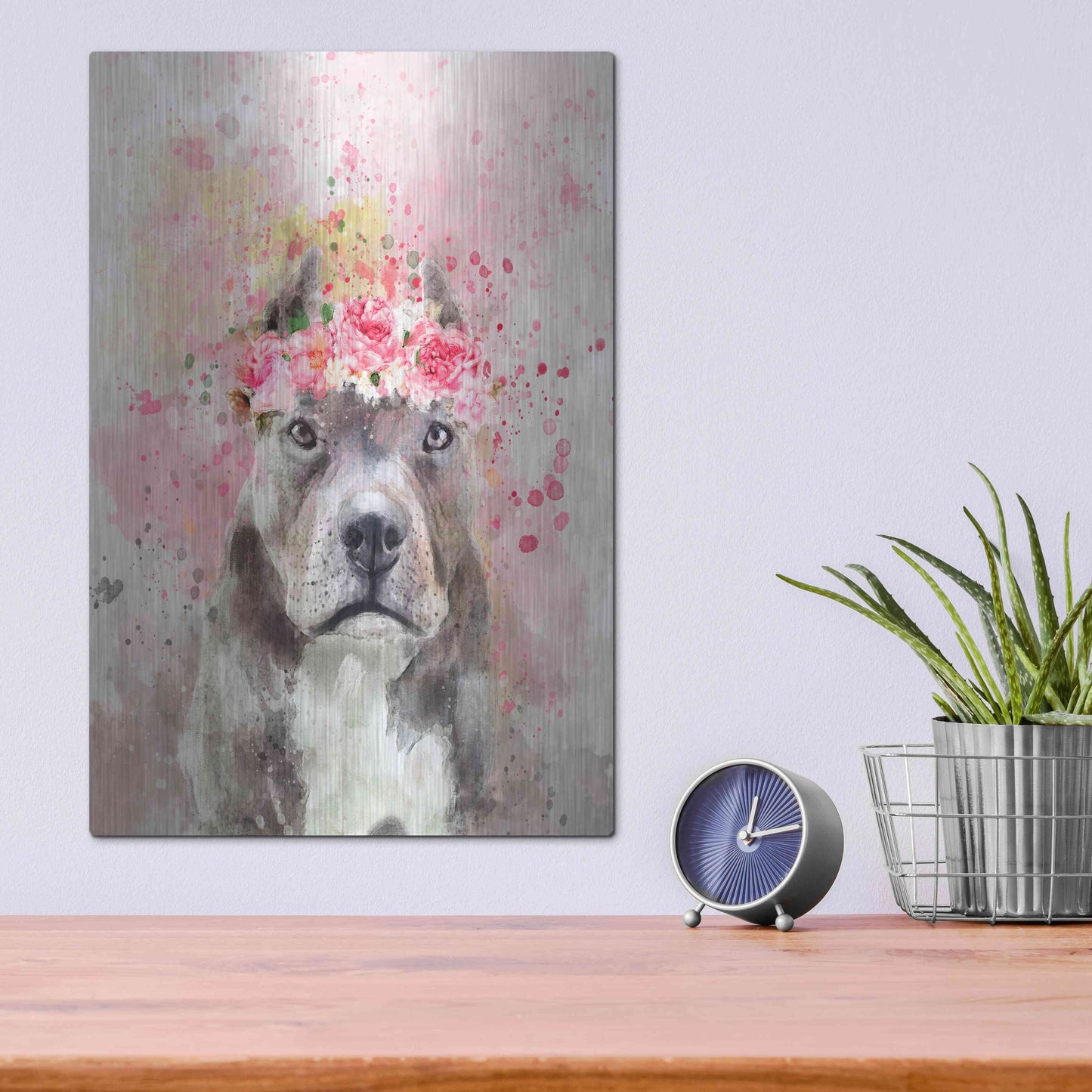 Luxe Metal Art 'Flower Crown Pit Bull' by Furbaby Affiliates, Metal Wall Art,12x16