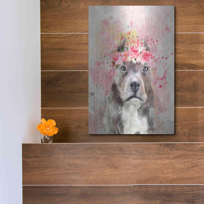 Luxe Metal Art 'Flower Crown Pit Bull' by Furbaby Affiliates, Metal Wall Art,12x16