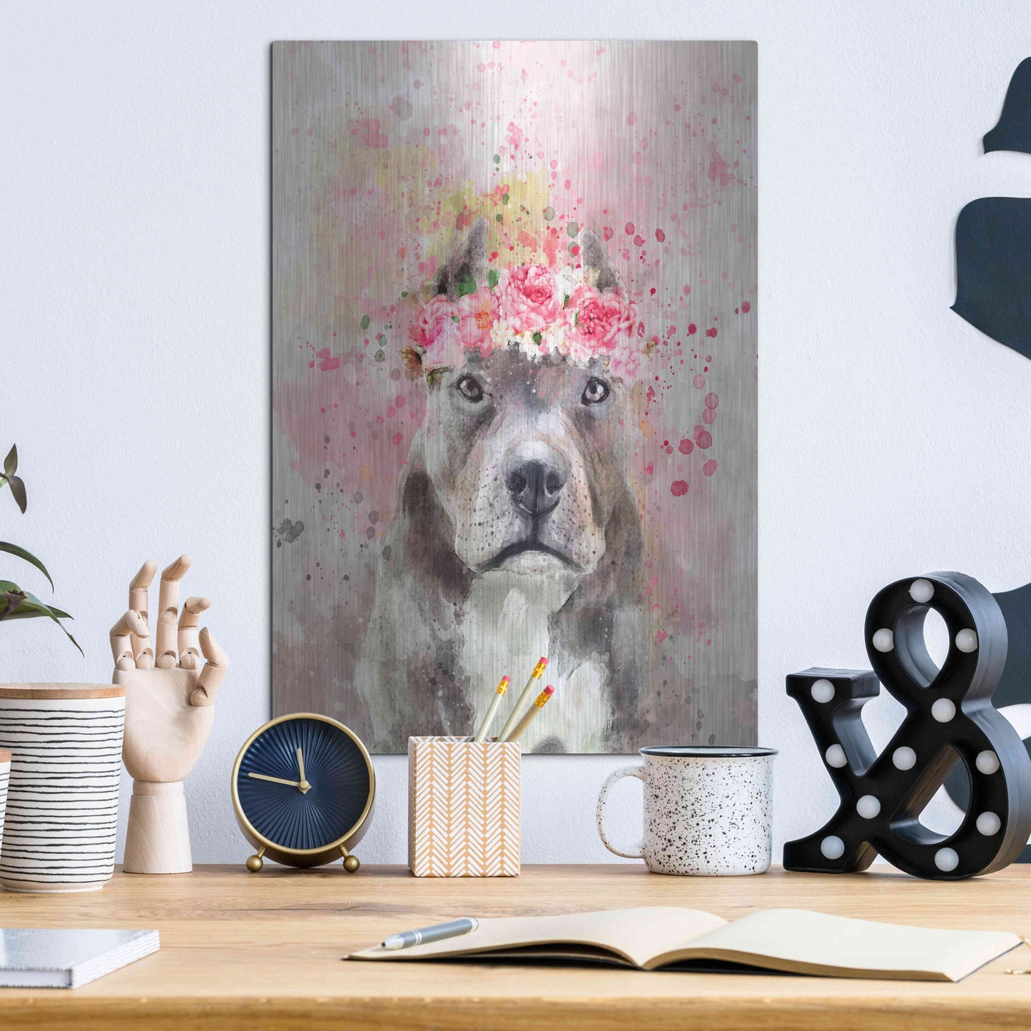 Luxe Metal Art 'Flower Crown Pit Bull' by Furbaby Affiliates, Metal Wall Art,12x16