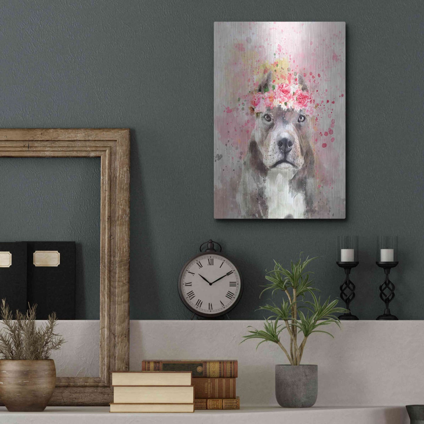 Luxe Metal Art 'Flower Crown Pit Bull' by Furbaby Affiliates, Metal Wall Art,12x16