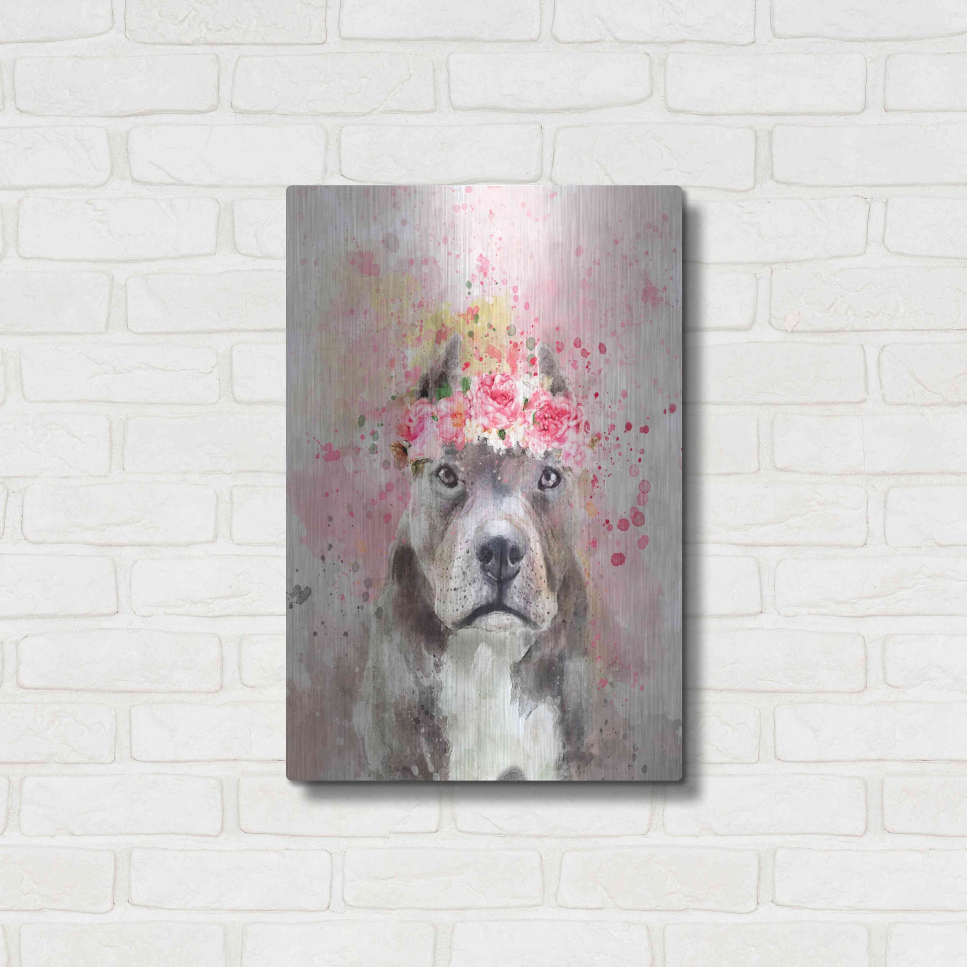 Luxe Metal Art 'Flower Crown Pit Bull' by Furbaby Affiliates, Metal Wall Art,16x24