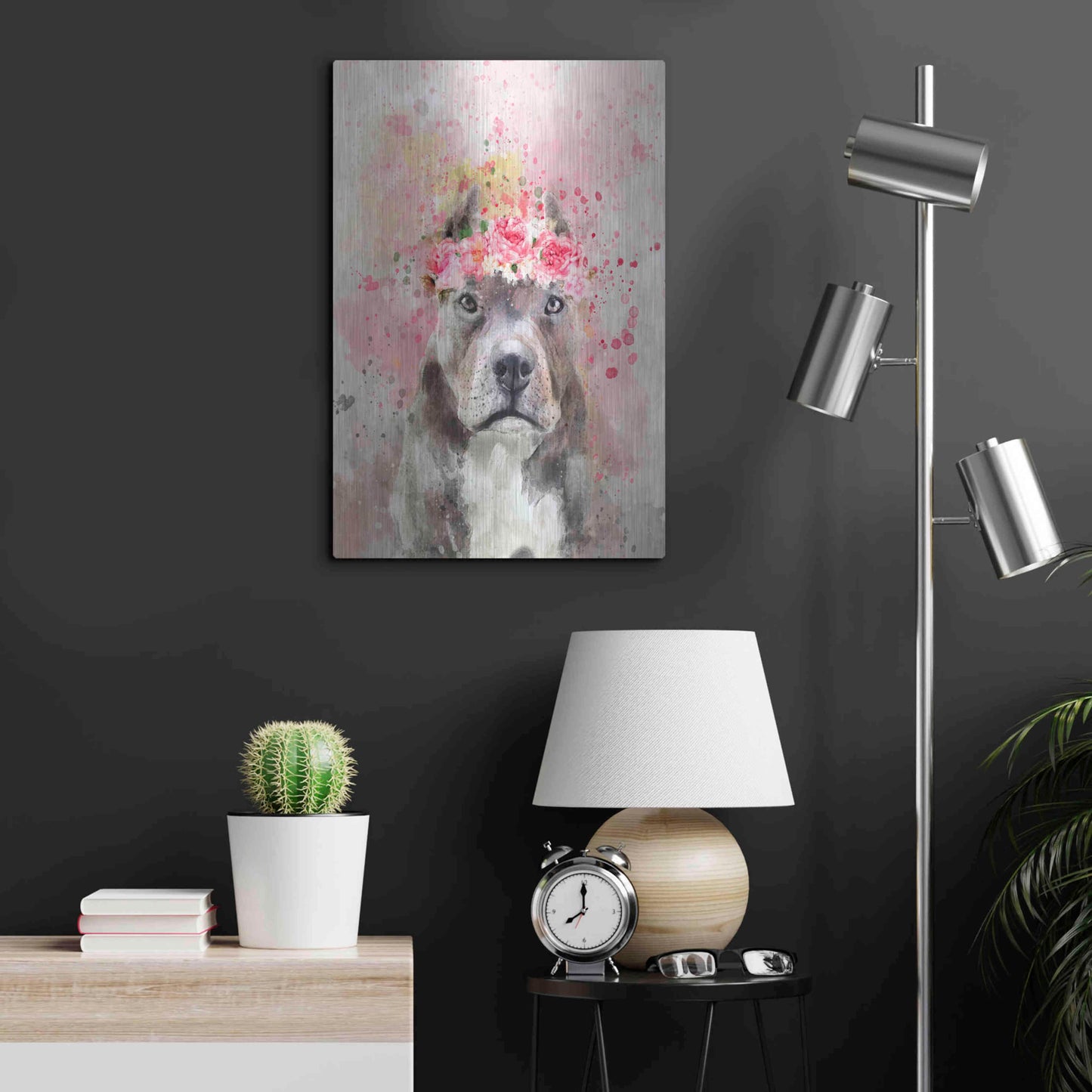 Luxe Metal Art 'Flower Crown Pit Bull' by Furbaby Affiliates, Metal Wall Art,16x24