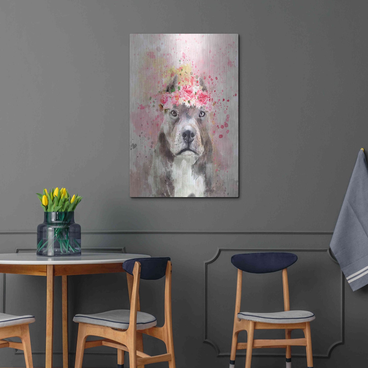 Luxe Metal Art 'Flower Crown Pit Bull' by Furbaby Affiliates, Metal Wall Art,24x36