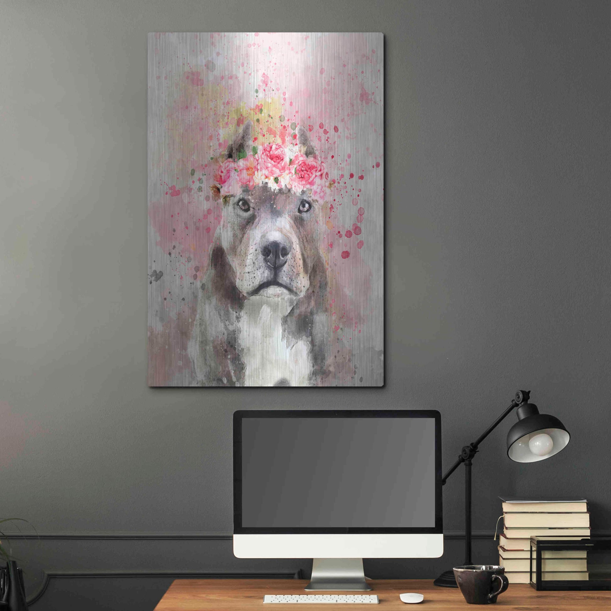 Luxe Metal Art 'Flower Crown Pit Bull' by Furbaby Affiliates, Metal Wall Art,24x36