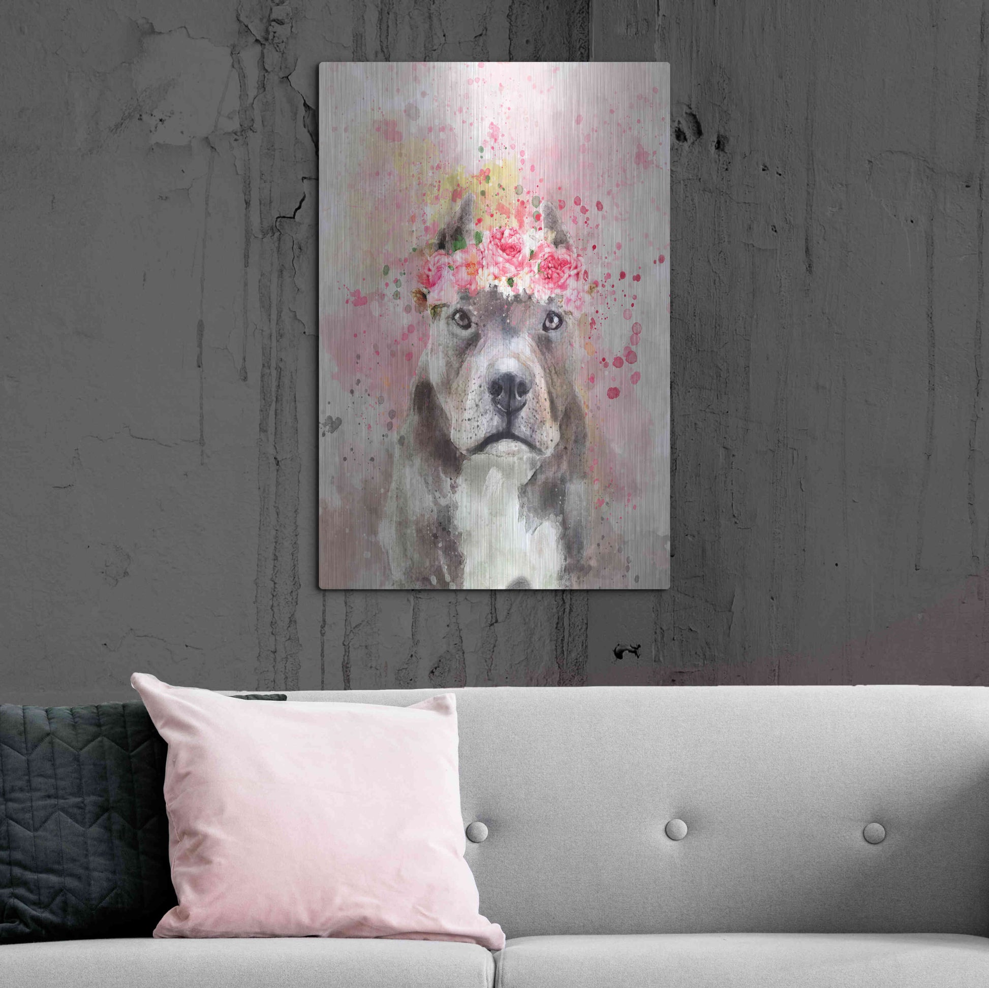 Luxe Metal Art 'Flower Crown Pit Bull' by Furbaby Affiliates, Metal Wall Art,24x36