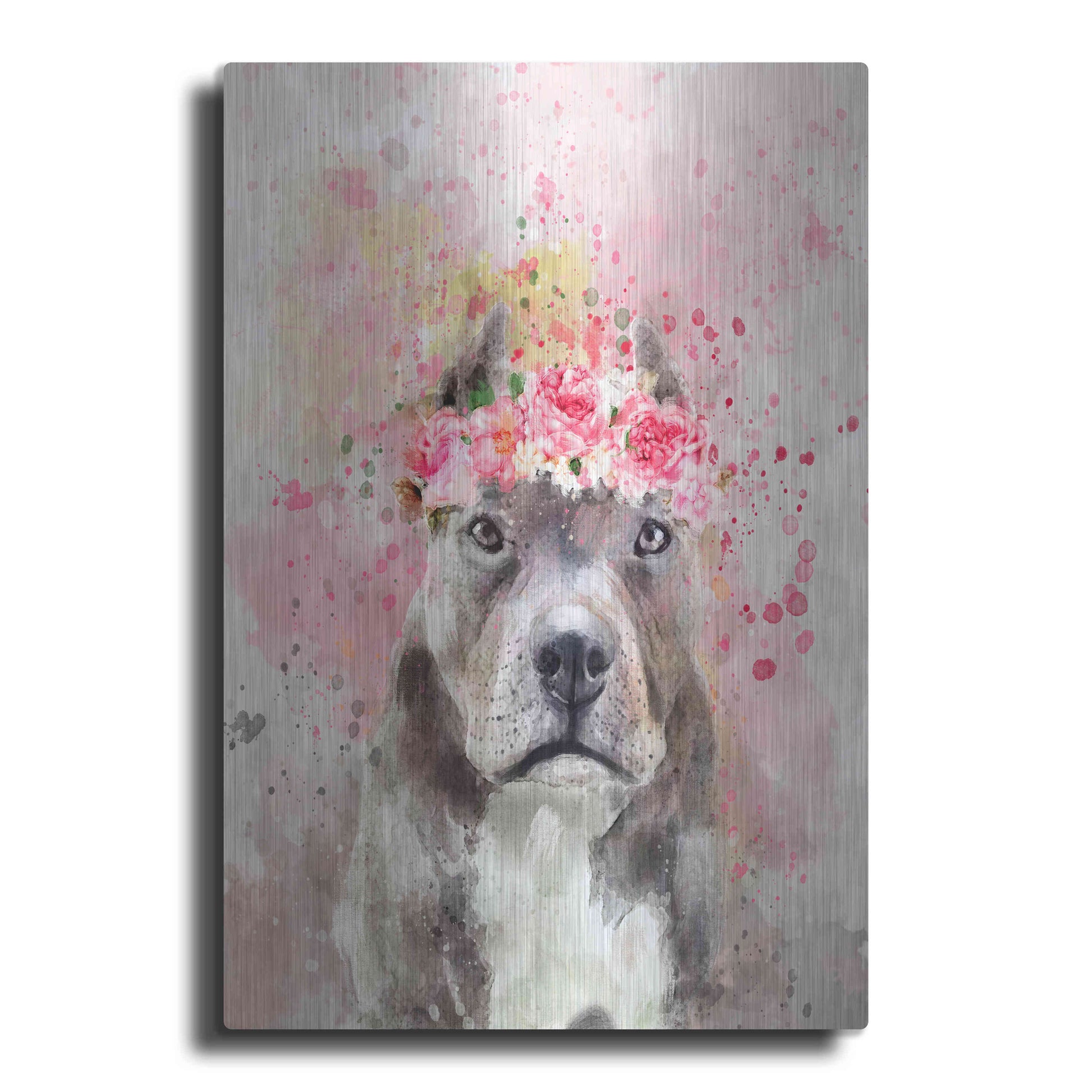 Luxe Metal Art 'Flower Crown Pit Bull' by Furbaby Affiliates, Metal Wall Art