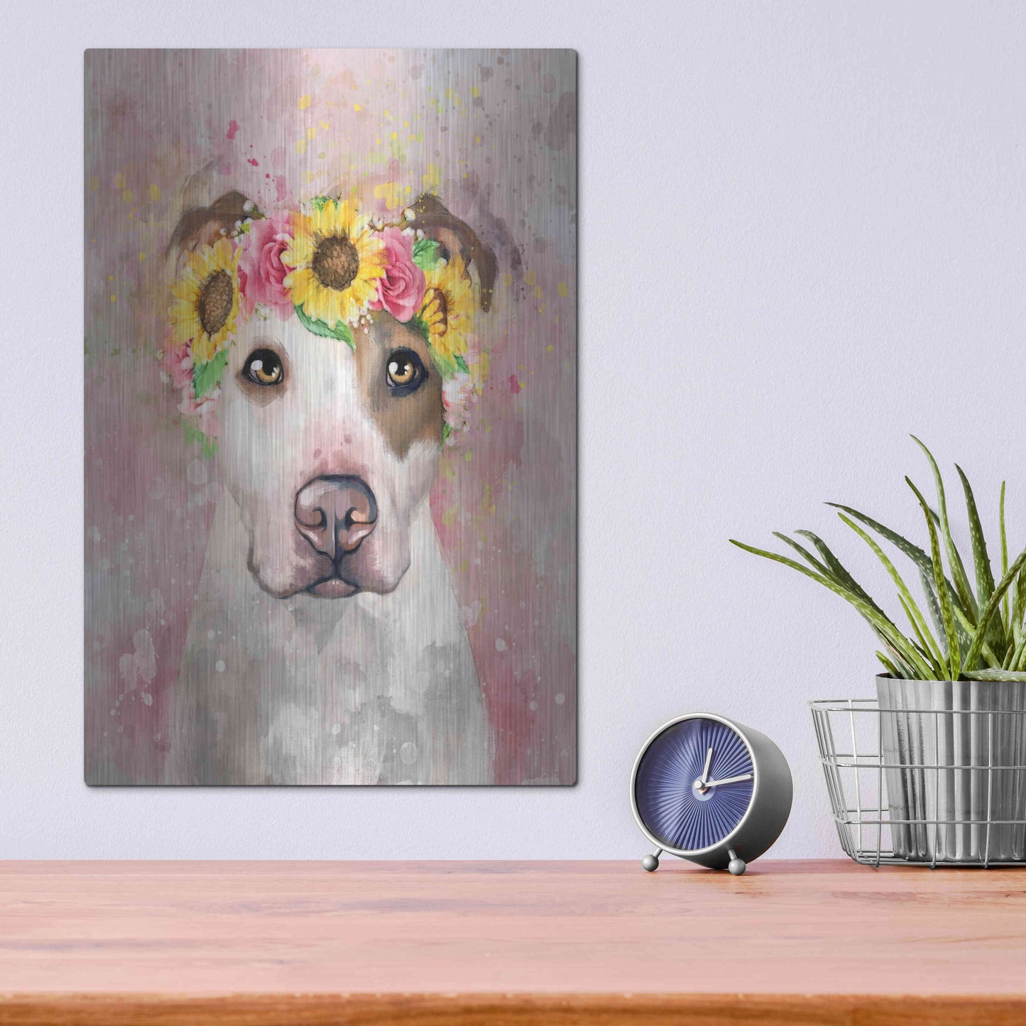 Luxe Metal Art 'Flower Crown Pit Bull 7' by Furbaby Affiliates, Metal Wall Art,12x16