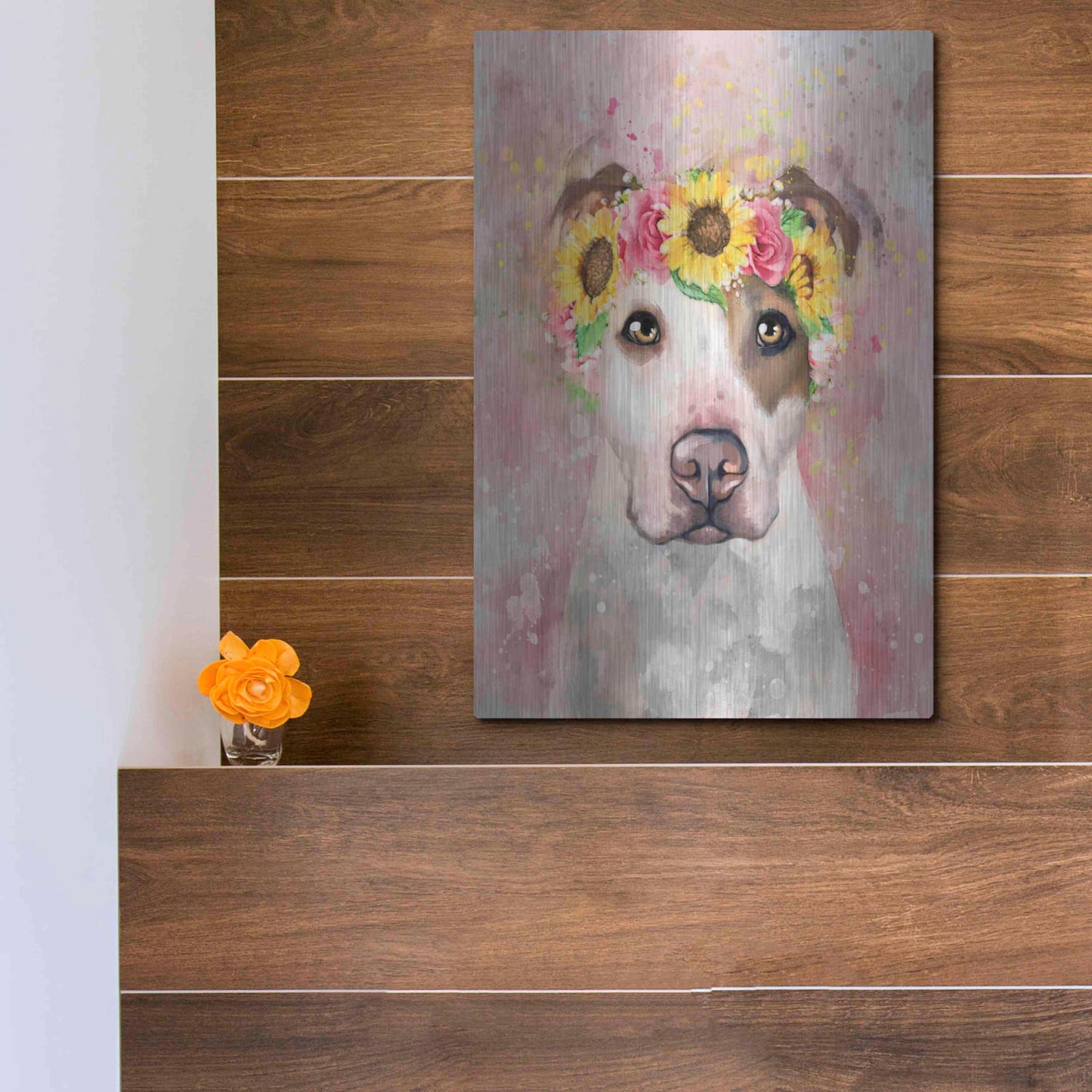 Luxe Metal Art 'Flower Crown Pit Bull 7' by Furbaby Affiliates, Metal Wall Art,12x16