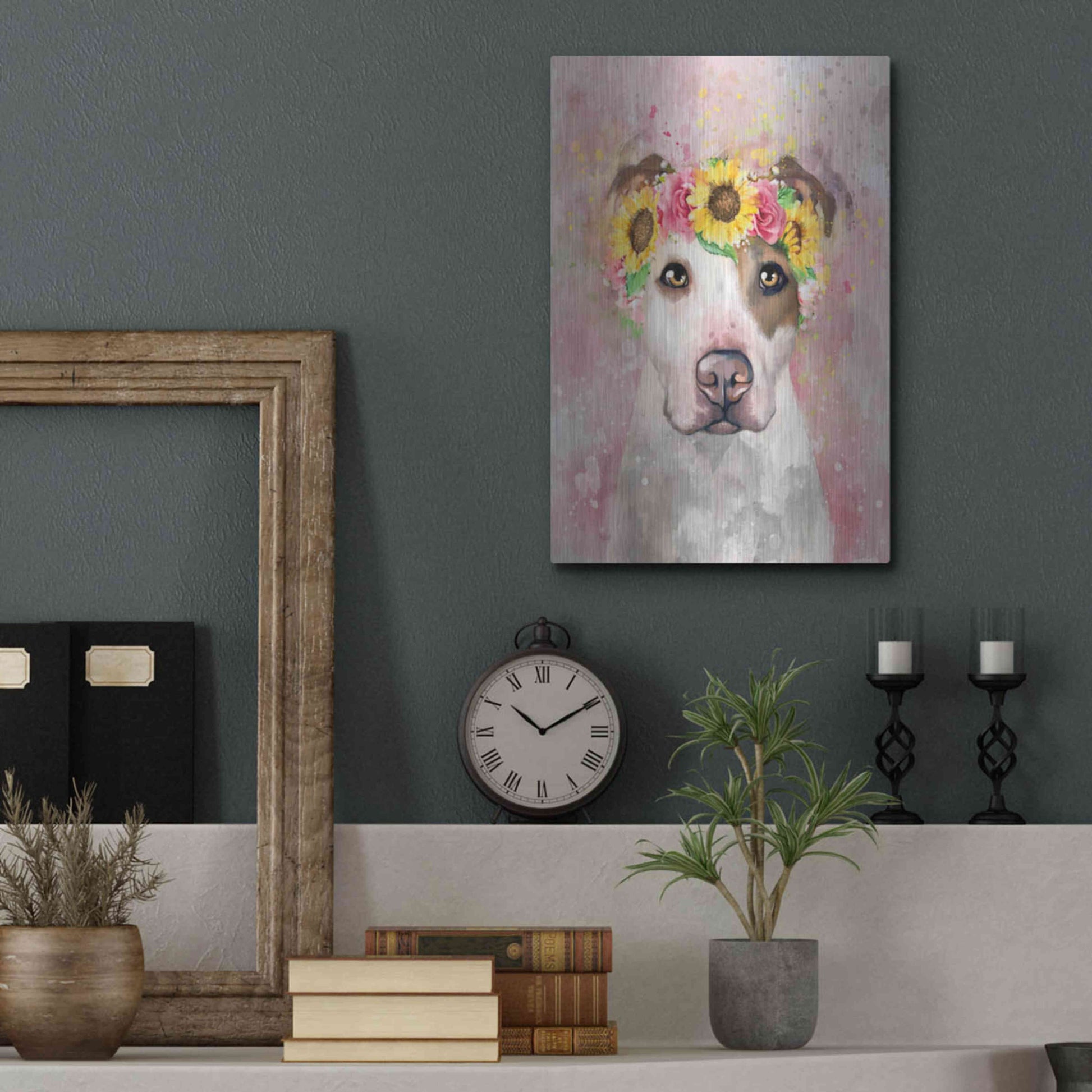 Luxe Metal Art 'Flower Crown Pit Bull 7' by Furbaby Affiliates, Metal Wall Art,12x16