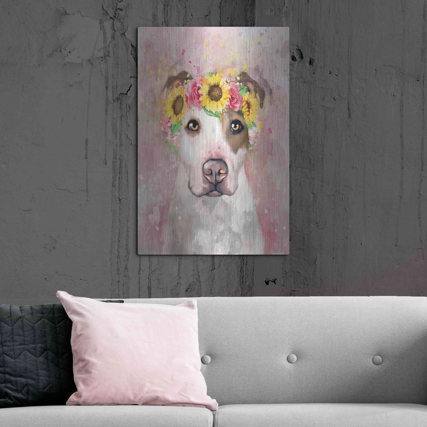 Luxe Metal Art 'Flower Crown Pit Bull 7' by Furbaby Affiliates, Metal Wall Art,24x36