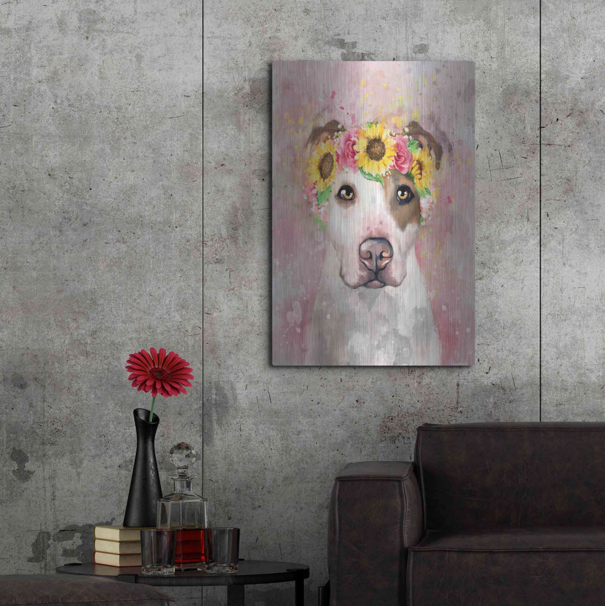 Luxe Metal Art 'Flower Crown Pit Bull 7' by Furbaby Affiliates, Metal Wall Art,24x36