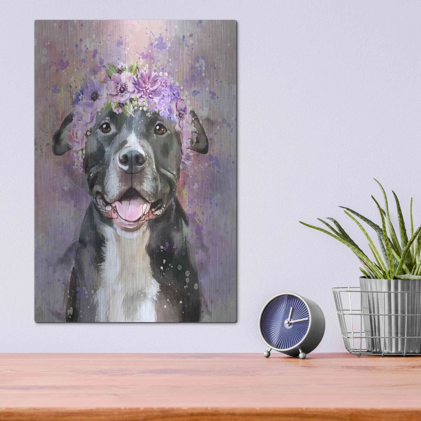 Luxe Metal Art 'Flower Crown Pit Bull 6' by Furbaby Affiliates, Metal Wall Art,12x16