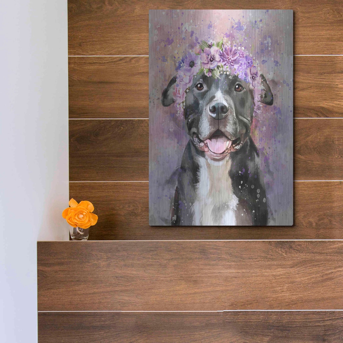 Luxe Metal Art 'Flower Crown Pit Bull 6' by Furbaby Affiliates, Metal Wall Art,12x16