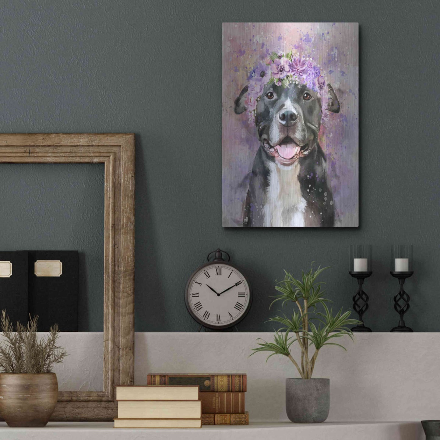 Luxe Metal Art 'Flower Crown Pit Bull 6' by Furbaby Affiliates, Metal Wall Art,12x16