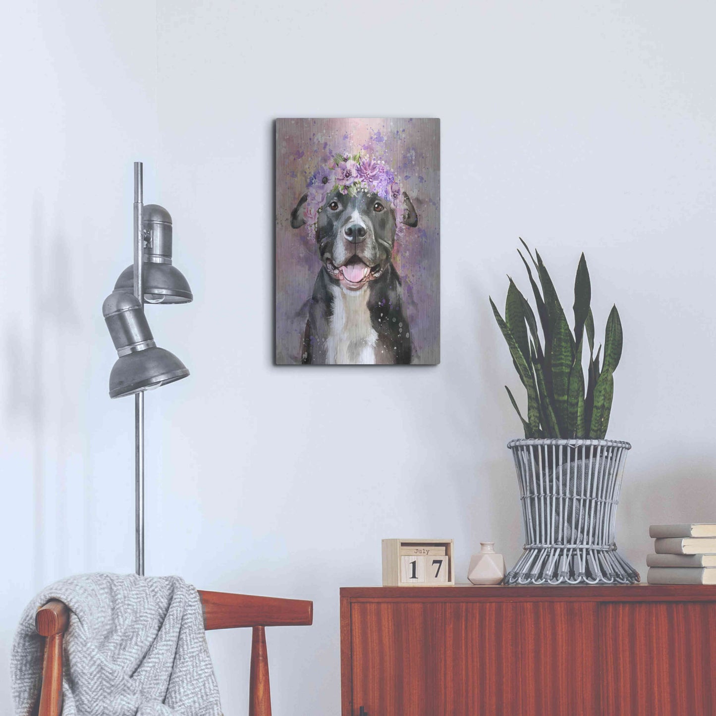 Luxe Metal Art 'Flower Crown Pit Bull 6' by Furbaby Affiliates, Metal Wall Art,16x24