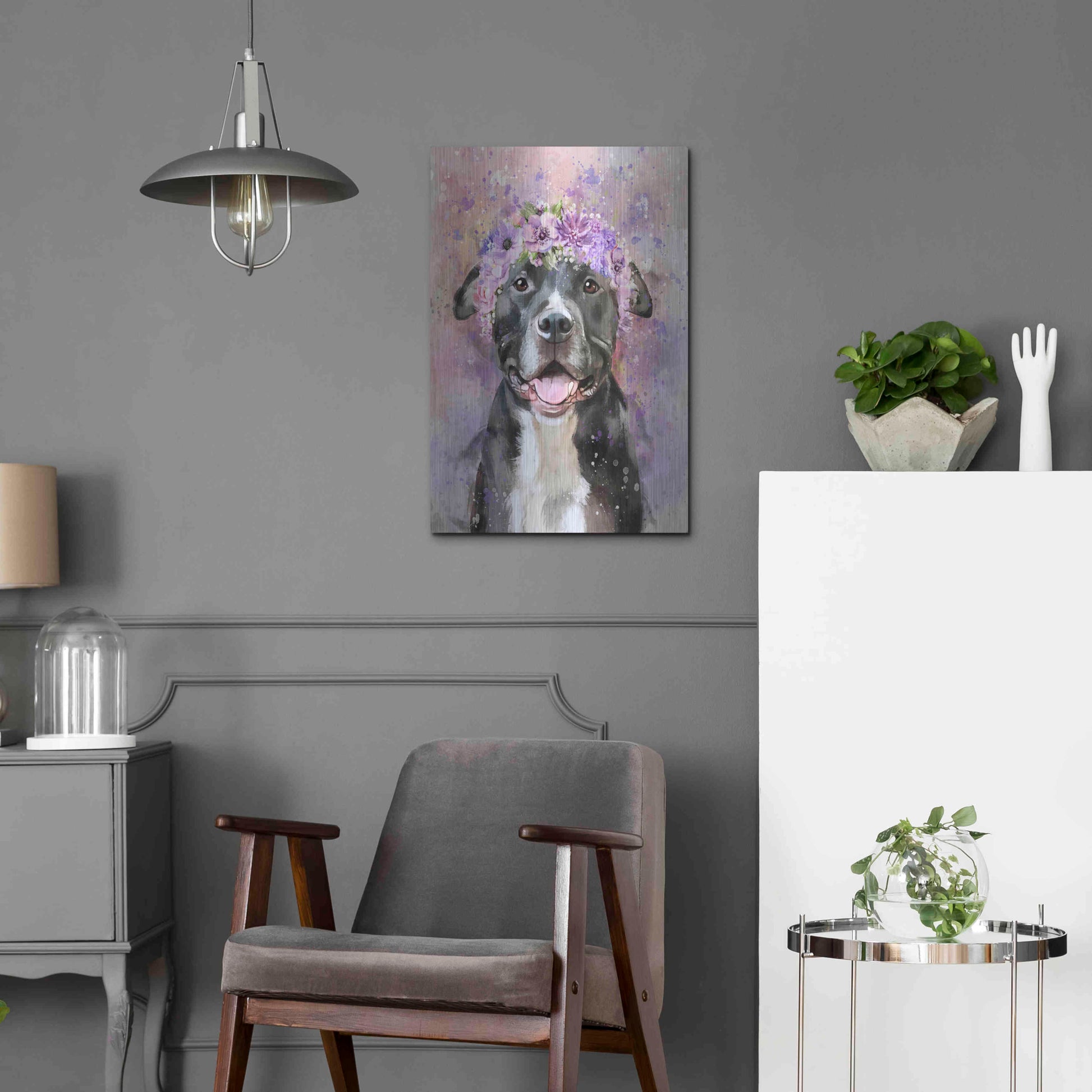 Luxe Metal Art 'Flower Crown Pit Bull 6' by Furbaby Affiliates, Metal Wall Art,16x24