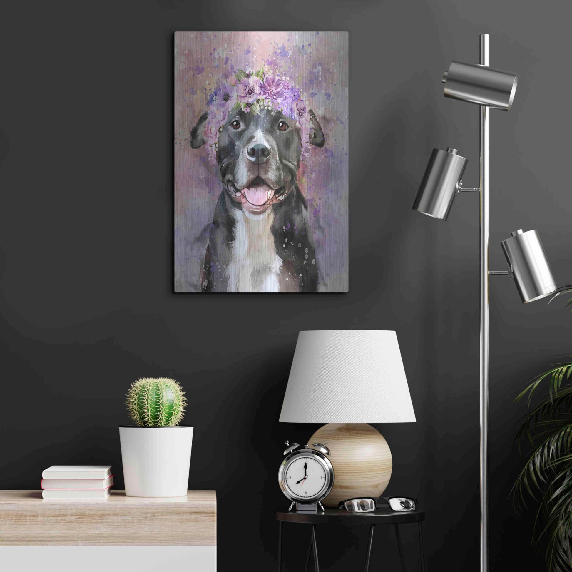 Luxe Metal Art 'Flower Crown Pit Bull 6' by Furbaby Affiliates, Metal Wall Art,16x24