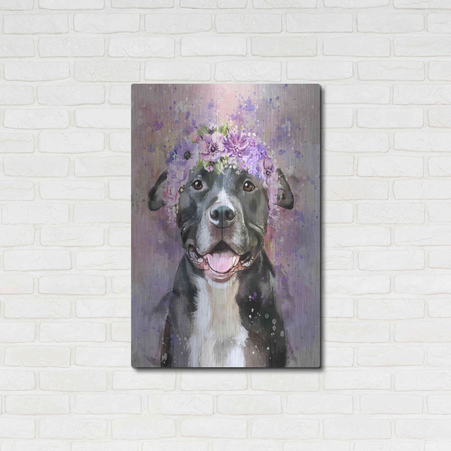 Luxe Metal Art 'Flower Crown Pit Bull 6' by Furbaby Affiliates, Metal Wall Art,24x36